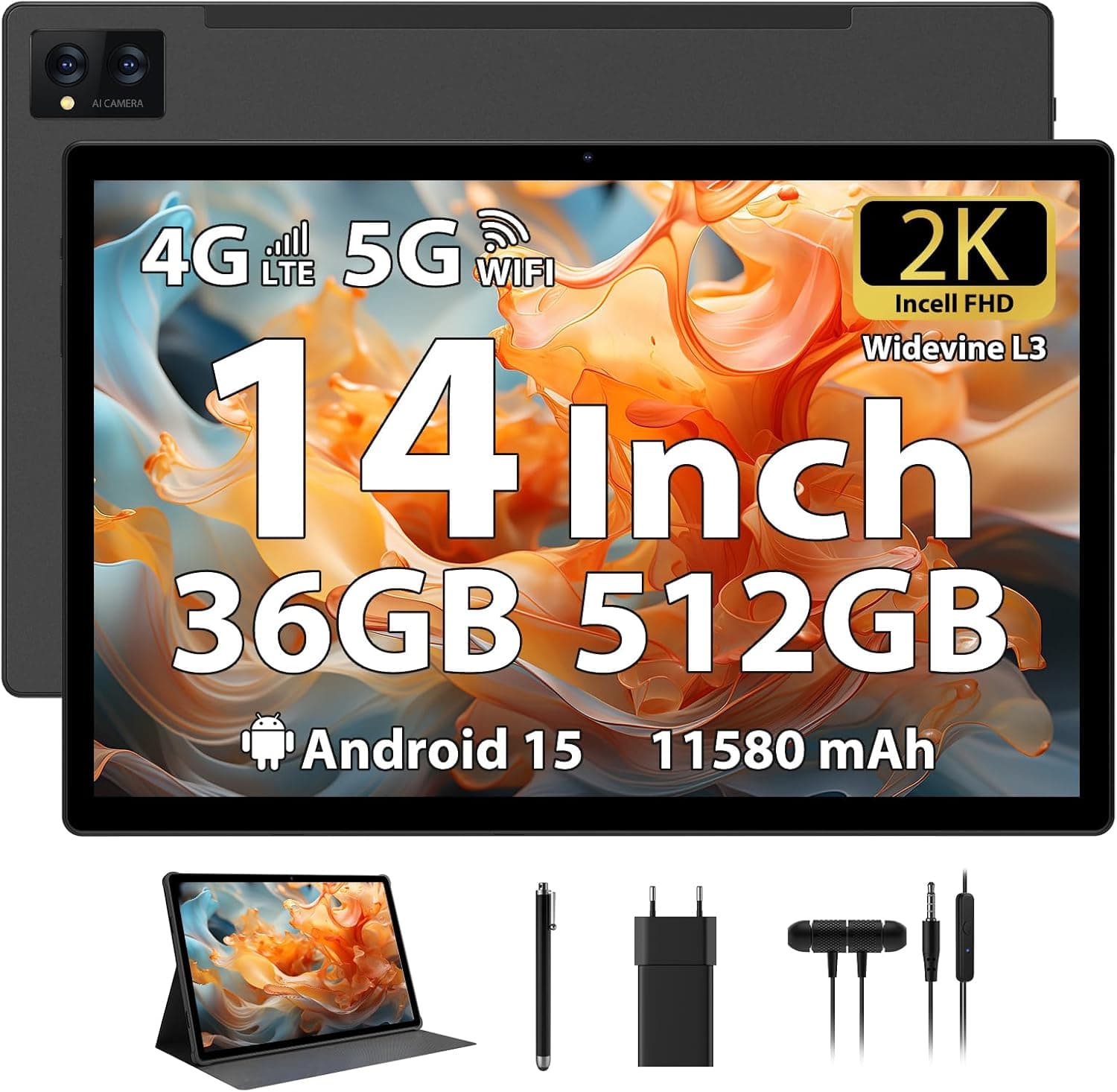 Tablet 14 Pulgadas Android 15 Tableta 2K FHD 36GB+512GB/TF 2TB, Octa-Core, 11580mAh, Dual SIM 4G LTE+5GWiFi, 4 Altavoces/GPS/13MP Cámara/BT5.0 Funda/Pen, Negro