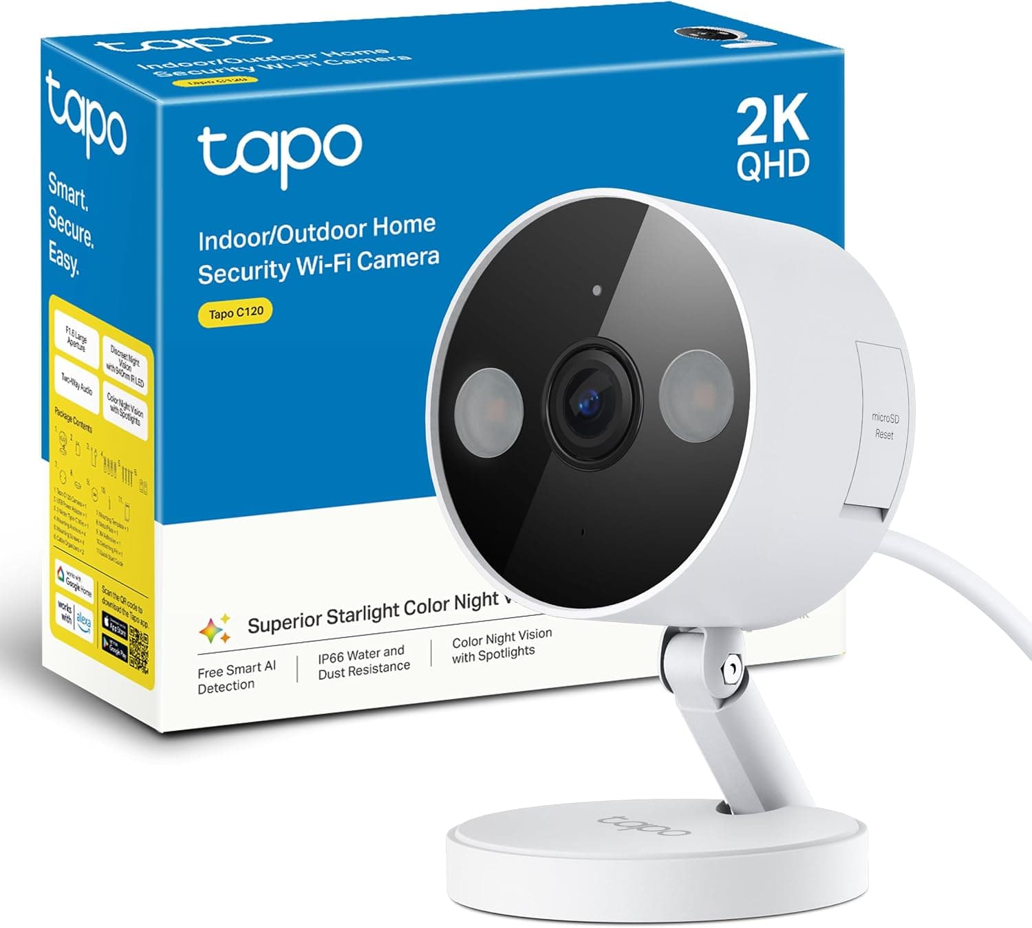 Tapo C120-Cámara vigilancia WiFi Interior/Exterior, 2K QHD 4MP,Alexa&Google