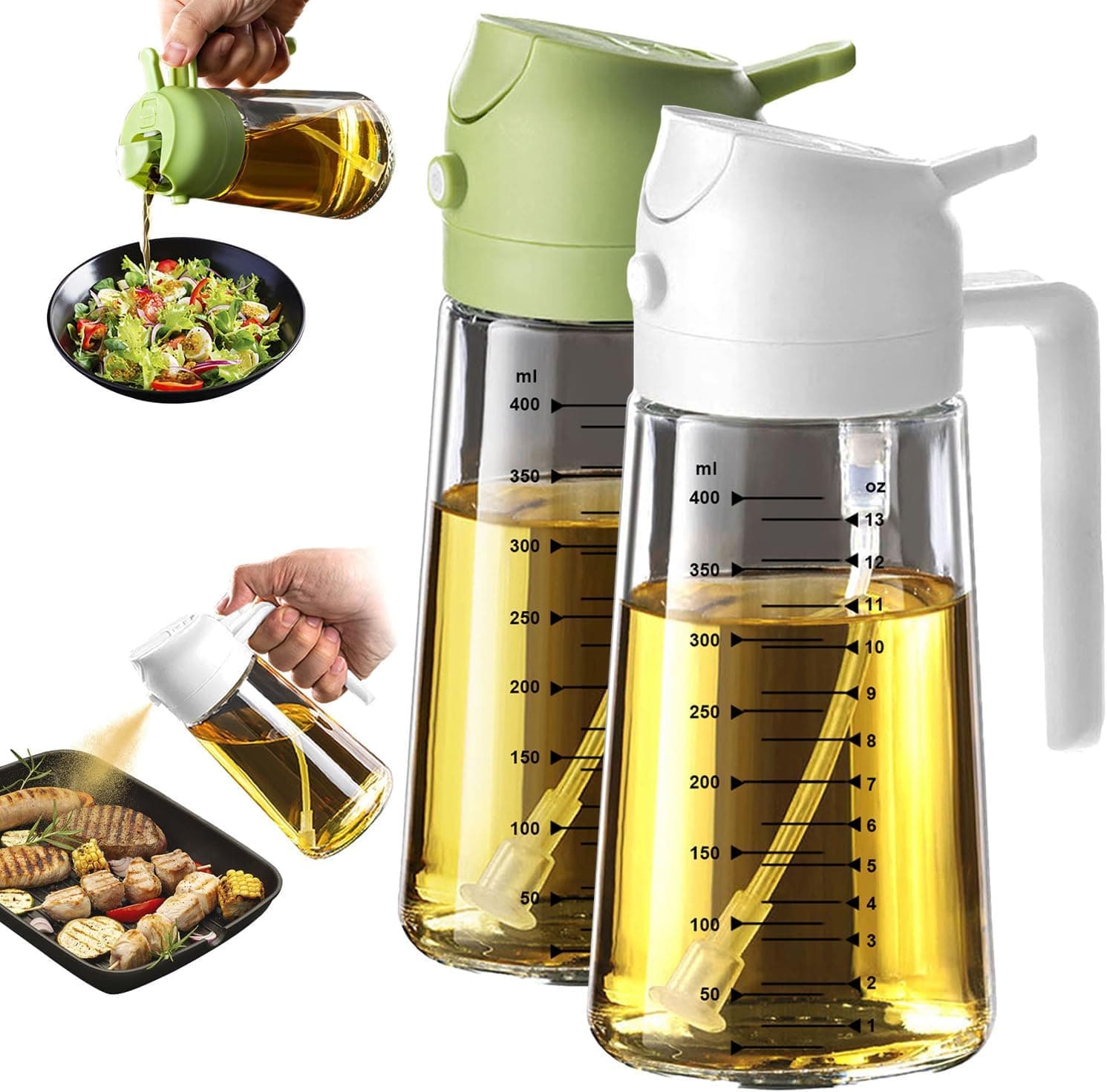 TrendPlain Pulverizador Aceite Spray 470ml - 2 en 1 Spray Aceite Cocina, Dispensadora para Freidora de Aire, Ensaladas, Vinagre y Accesorios Cocina (2 unidad, Blanco y Verde)