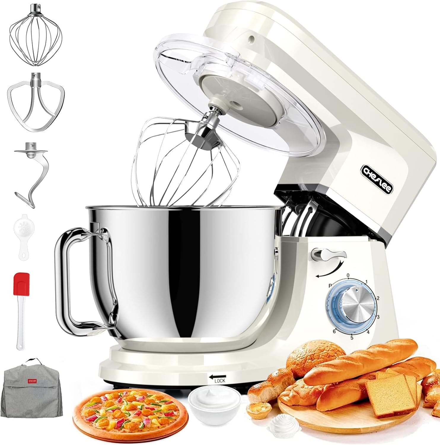 CHeflee Batidora Amasadora,2000W Amasadora Reposteria,con 8 L Bol de Acero inoxidable Amasador,Batidor,Varillas y Protección Para Cubierta Antipolvo,6 Velocidades Amasadora Profesional
