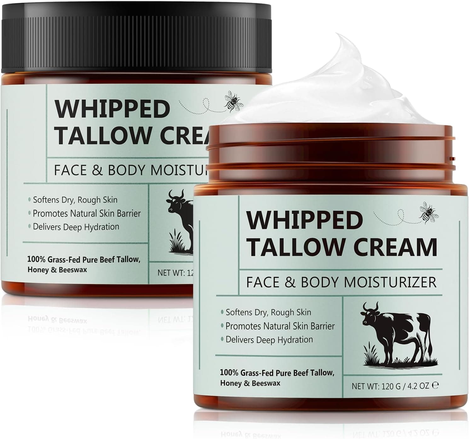 Beef Tallow Crema Paquete de 2, Sebo de Res para Piel, Crema Facial de Sebo, Bálsamo de Sebo y Miel Orgánico 100% Natural de Animales Alimentados con Pasto para Rostro y Cuerpo, Hidratación Profunda