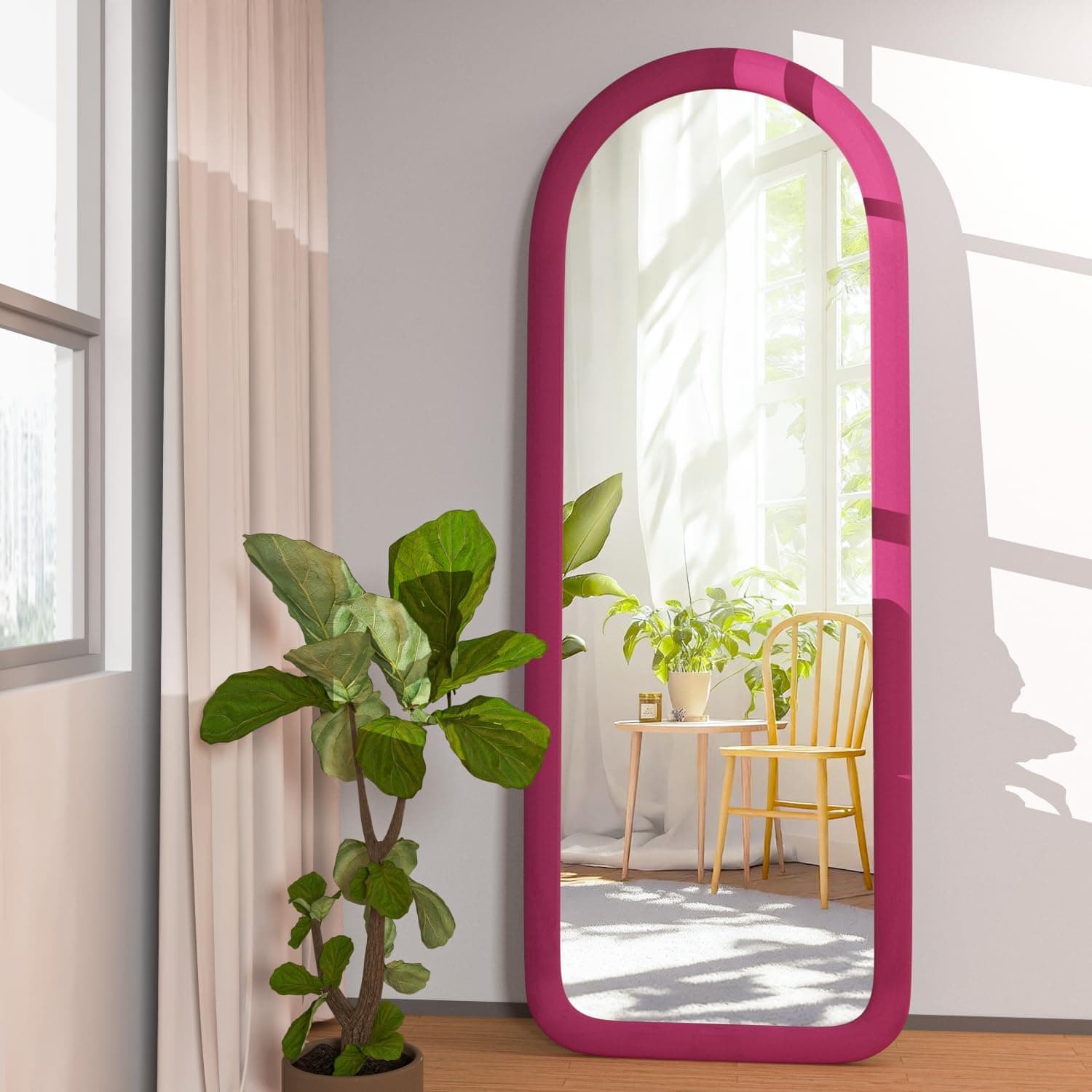 Espejo de Cuerpo Entero, 141 x 50cm Espejo de Suelo Arqueado con Soporte, Espejo de Pie Grande para Colgar o Apoyar contra la Pared en el Dormitorio, Marco de Madera Forrado Rosa