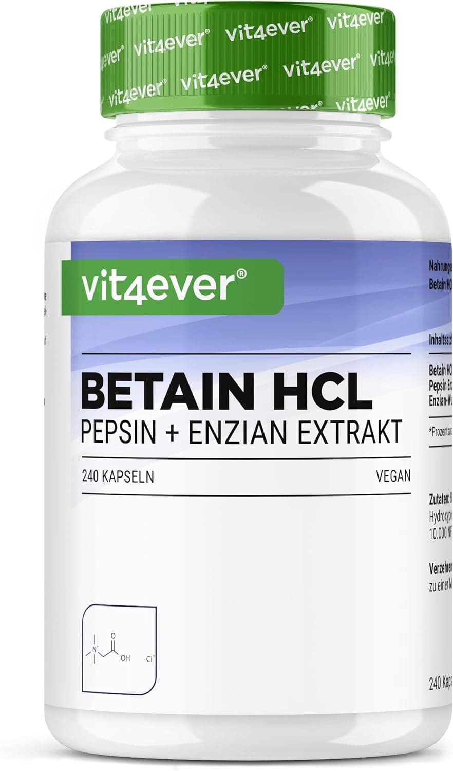 vit4ever Betaina HCL - 240 Cápsulas - 650 mg de Betaina HCL - Vegano