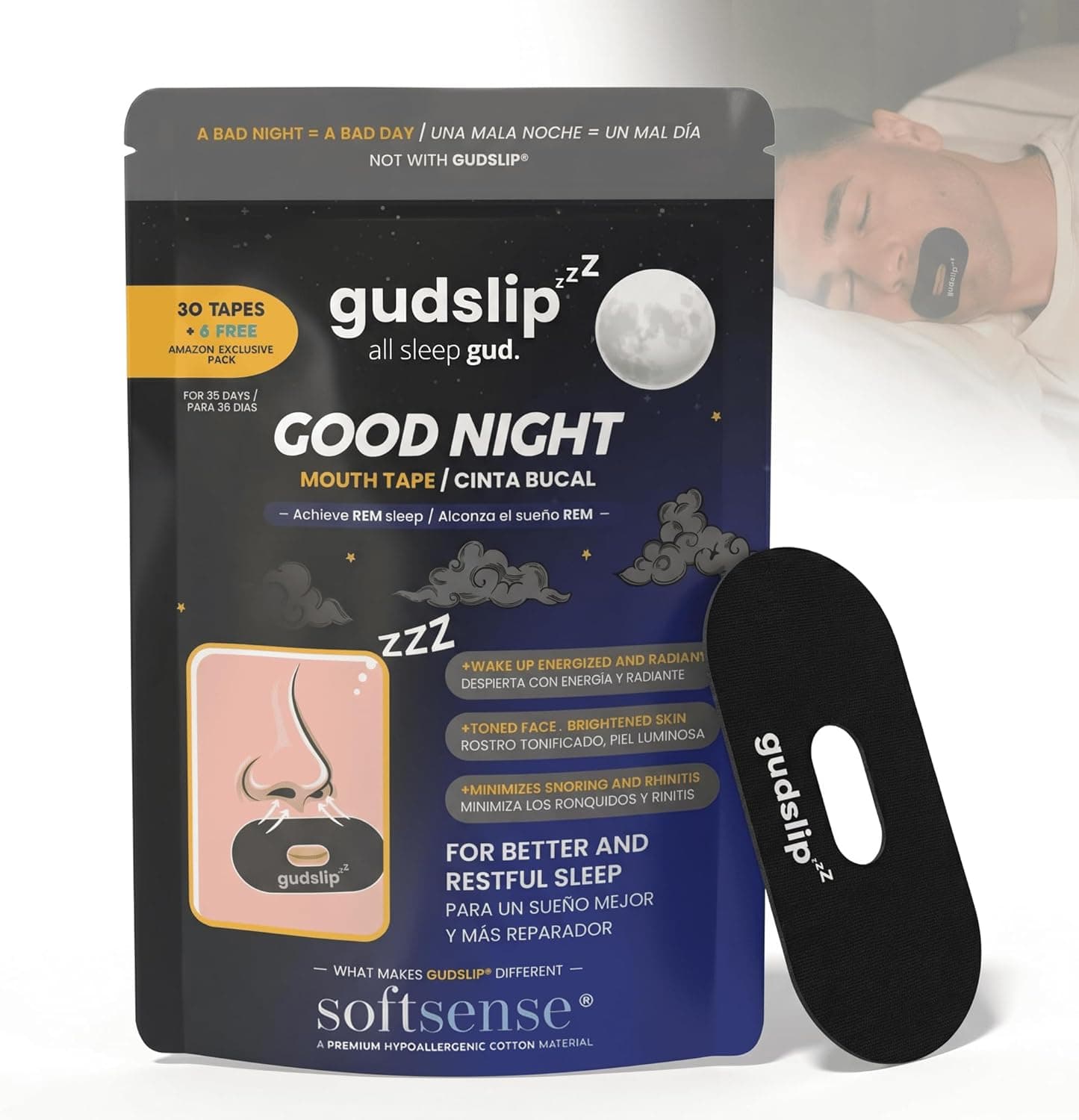 GudSlip® Mouth Tape - Tiras Bucales para Dormir (30+6) - Reduce Ronquidos & Sequedad Bucal, Mejora la Respiración Nasal - Adhesivo Elástico Hipoalergénico Apto para Barba