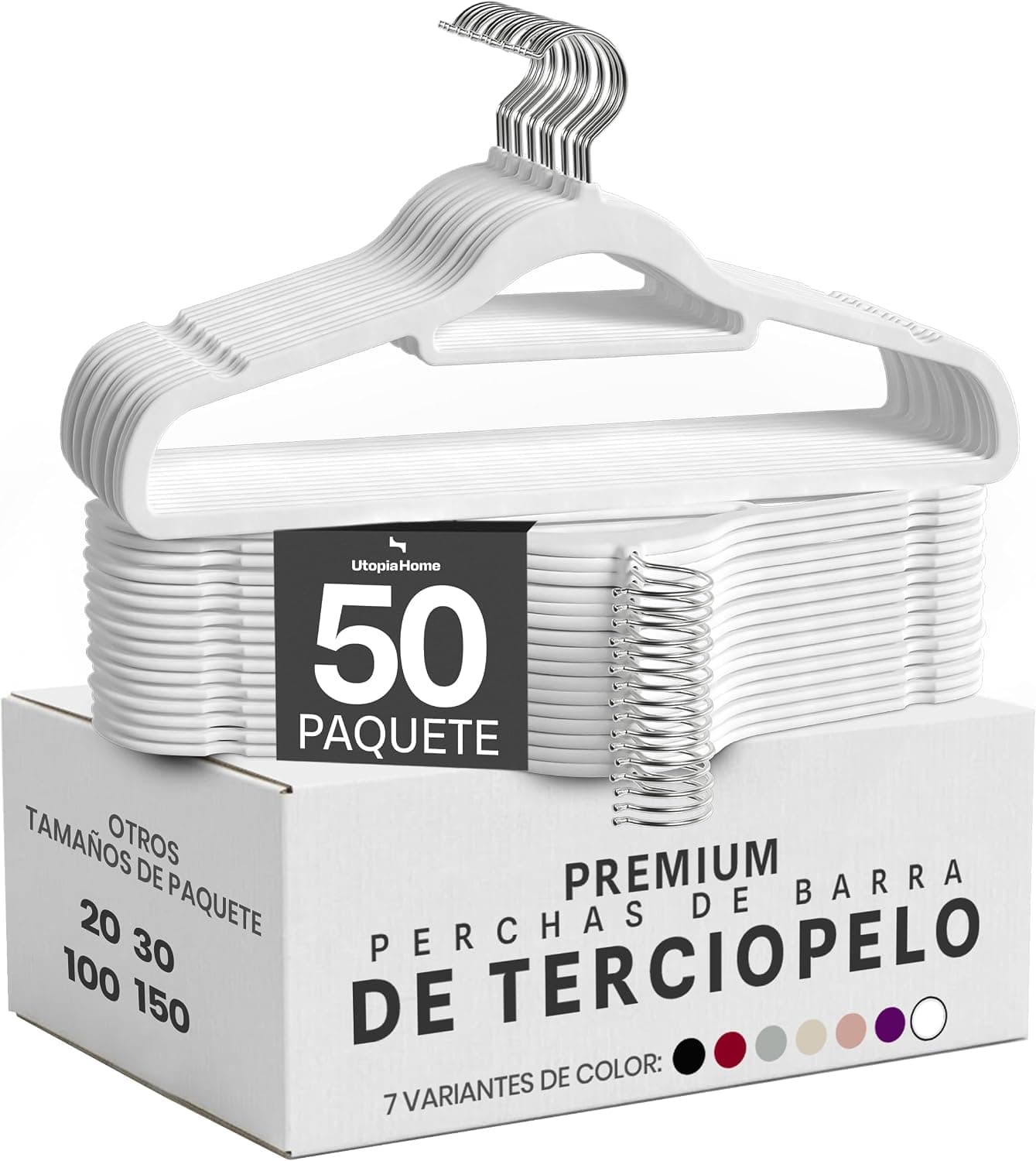 Utopia Home Perchas de Terciopelo - Perchas para Trajes de Terciopelo con Tie Bar - Antideslizantes (Blanco, Paquete de 50)