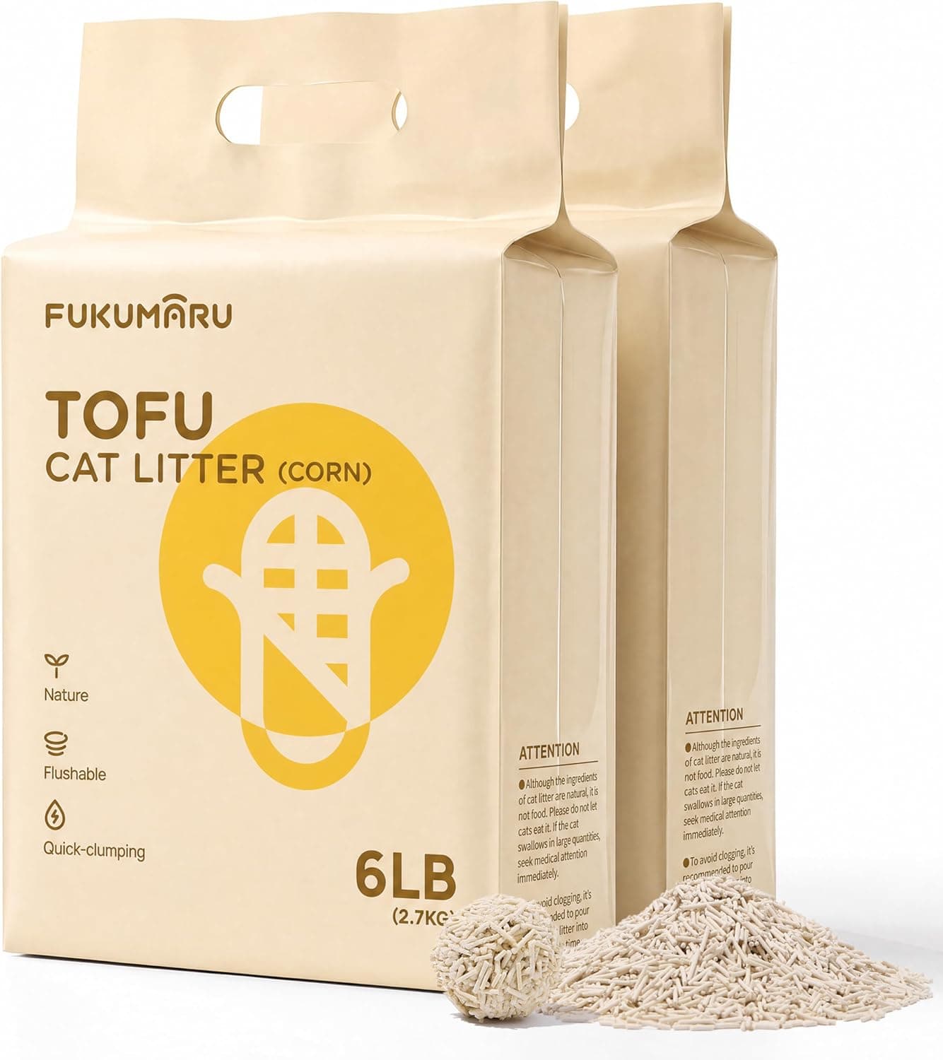 FUKUMARU Arena de Tofu para Gatos 5.4kg - Arena aglomerante para Gatos, Mezcla de pellets de maíz, Libre de Polvo y fácil de aglomerar, Control de olores, se Puede desechar en el Inodoro
