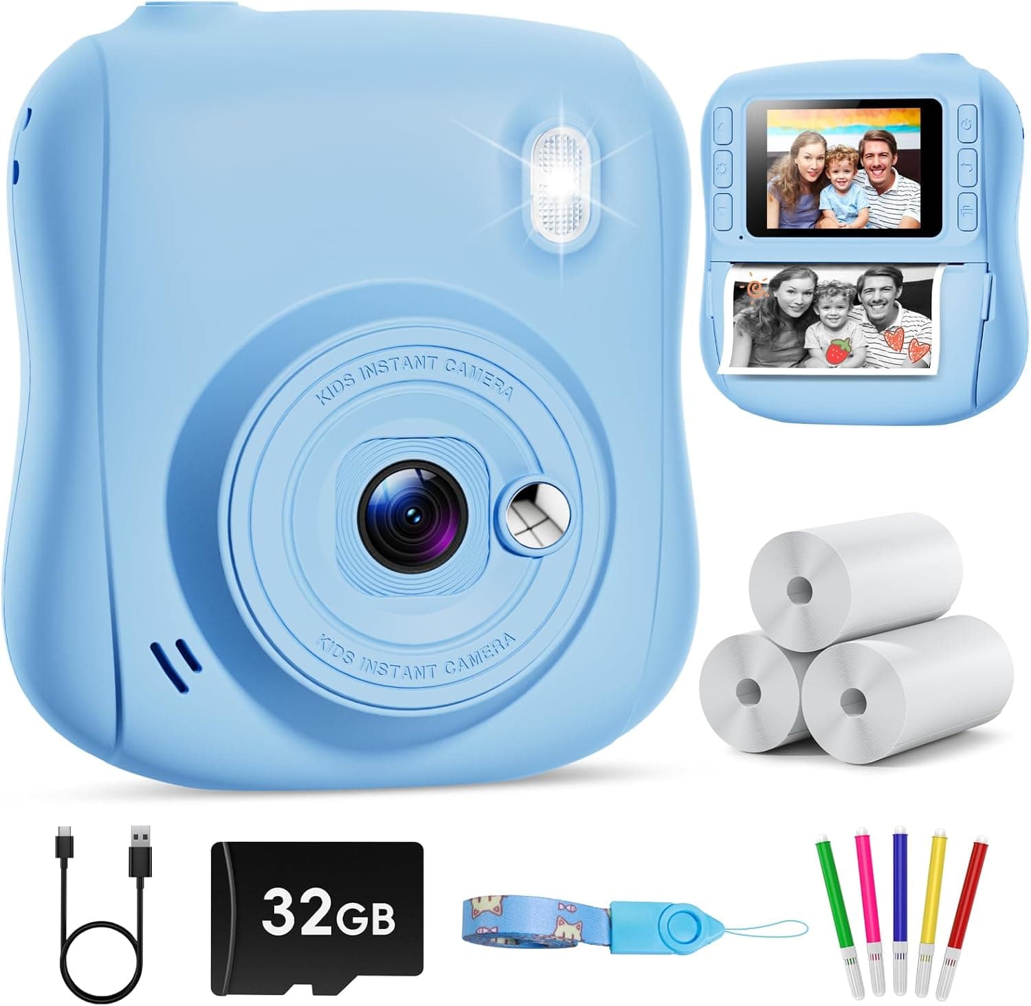 Hangrui Camara Fotos Infantil Instantanea, 1080P Camara Fotos Infantil, Cámara Instantánea para Niños con Tarjeta de 32GB,Papel de Impresión y Bolígrafos de Colores, Regalos Juguete-Azul