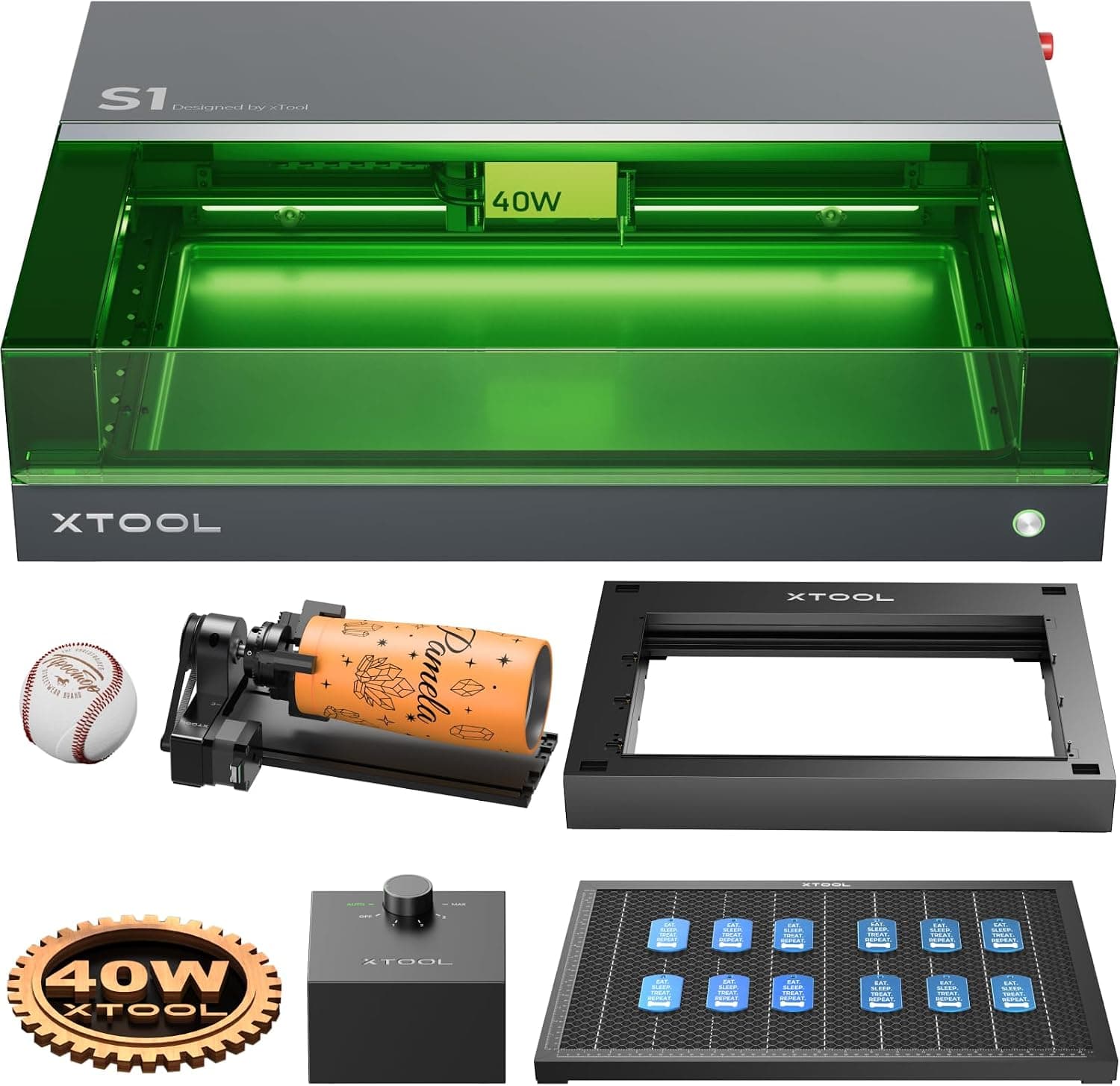 xTool S1 40W Grabador Láser Kit Todo en Uno, con Rotativo, Riser Base, Sistema de Aire Inteligente y Panel, Seguridad Cerrada, Enfoque Automático, 498 * 330mm, Cortadora Laser para Madera, Acrílico