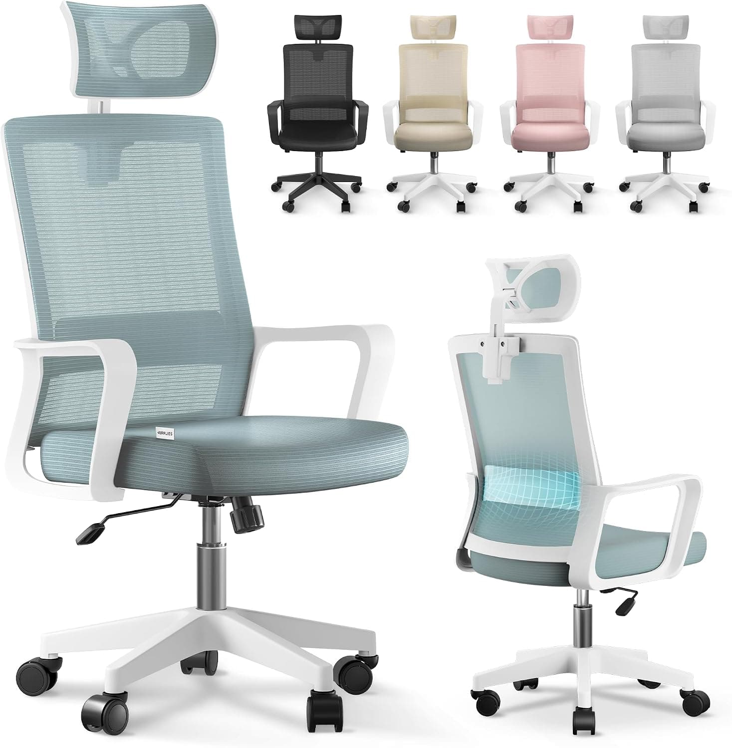 JUPPLIES Silla Escritorio Ergonomica - Silla Oficina Ajustable y Reclinable con Soporte Lumbar, Reposacabezas Ajustable, Malla Transpirable, Ruedas Giratorias 360° Soporta hasta 120kg (Azul)