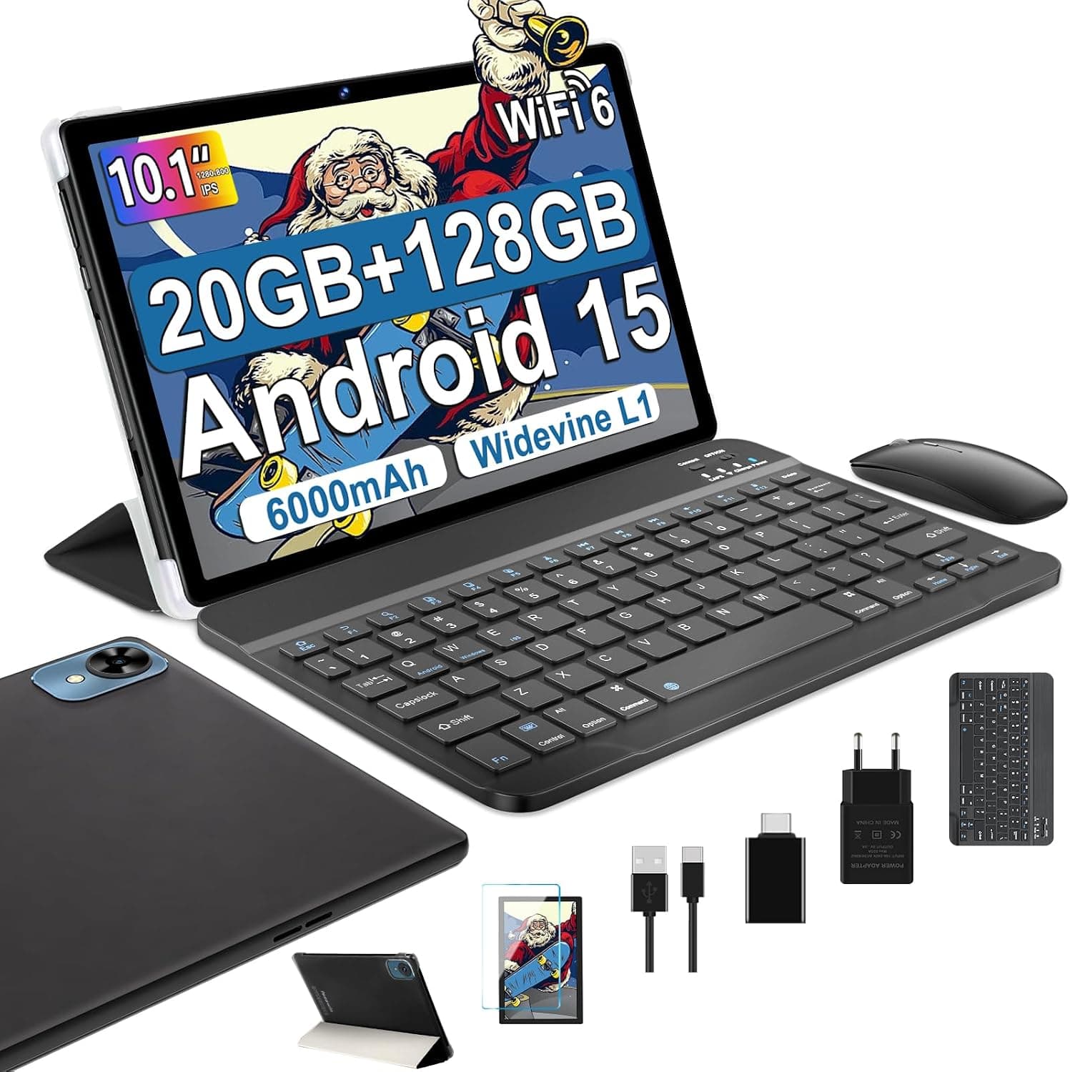 Tablet 10 Pulgadas Android 15, 20GB+128GB con Funda, Teclado y Ratón-Negro