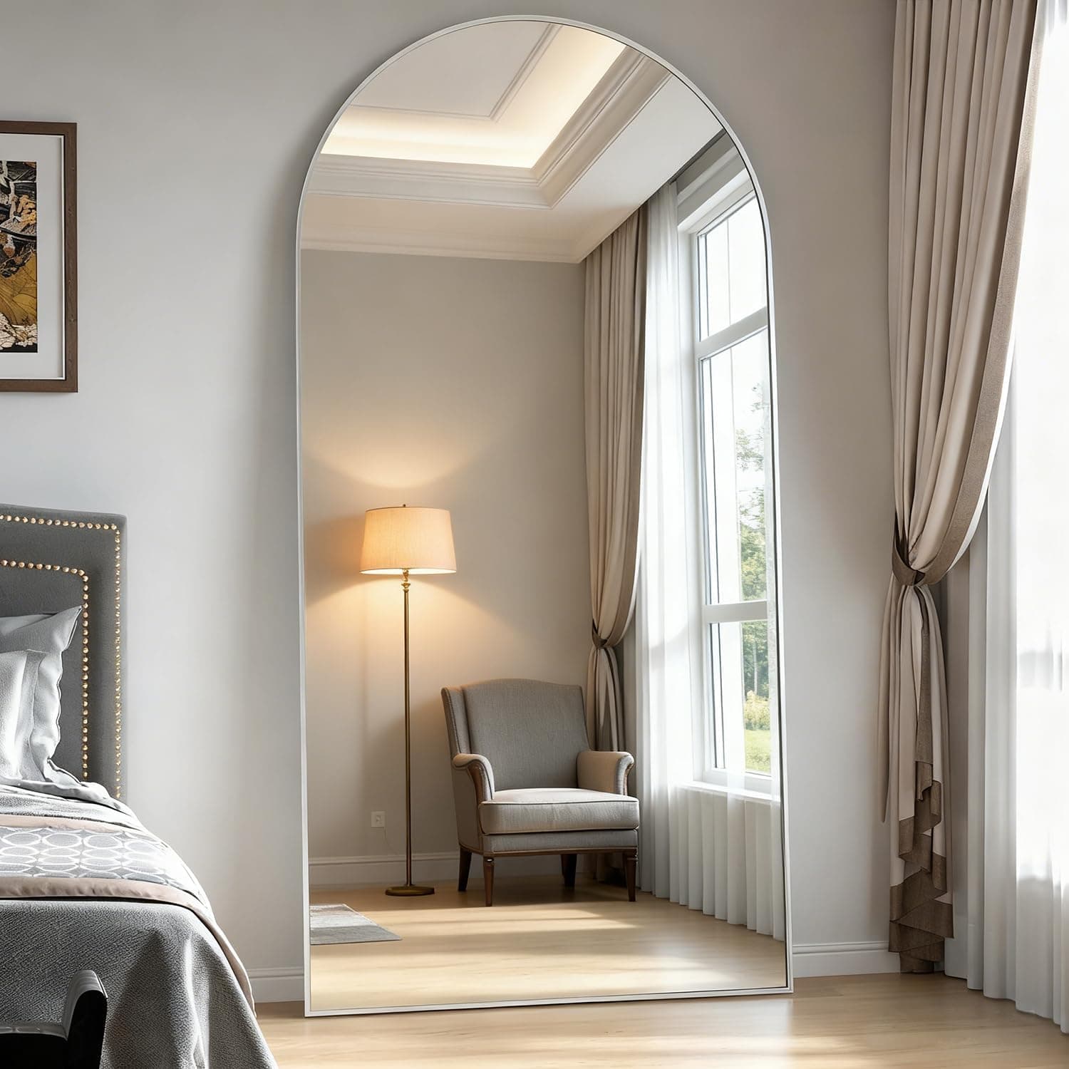 Espejo de Cuerpo Entero 180 x 80 cm Espejo arqueado Plata Espejo de Suelo arqueado con Soporte Colgado o Apoyado en la Pared para la Entrada del Dormitorio, Sala de Estar