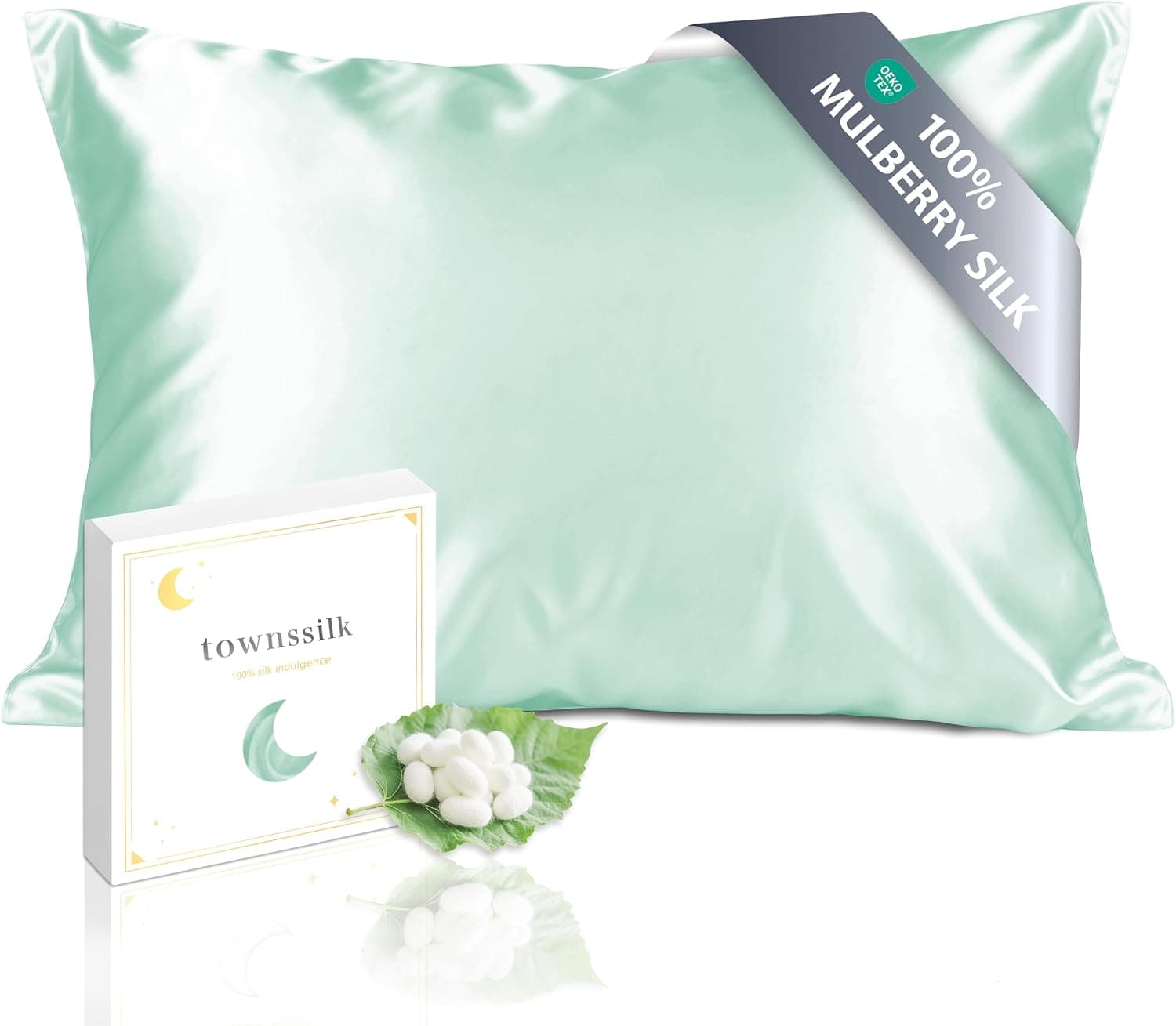 townssilk Funda de almohada de seda de morera 100 % pura de 19 mommes, seda en ambos lados, para cabello y piel, salud, cremallera oculta, 600 hilos, 1 pieza, 40 x 60 cm, verde claro