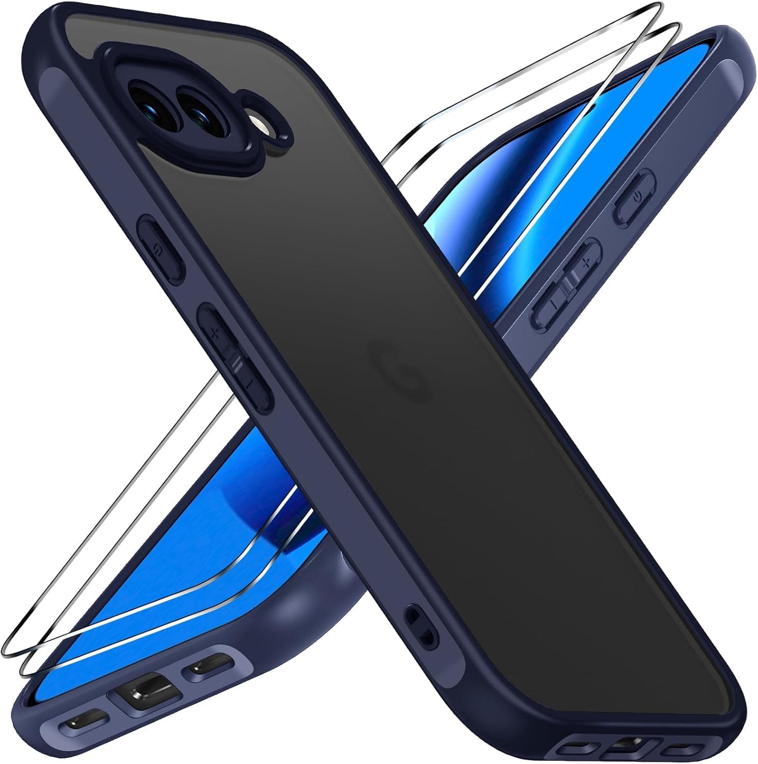 ivoler Mate Funda para Google Pixel 10A con 2 Piezas Cristal Templado, [Protección Lente Cámara] [Protección Militar] Carcasa Protectora Antigolpes Trasera Translúcida Antihuellas Case, Azul Oscuro