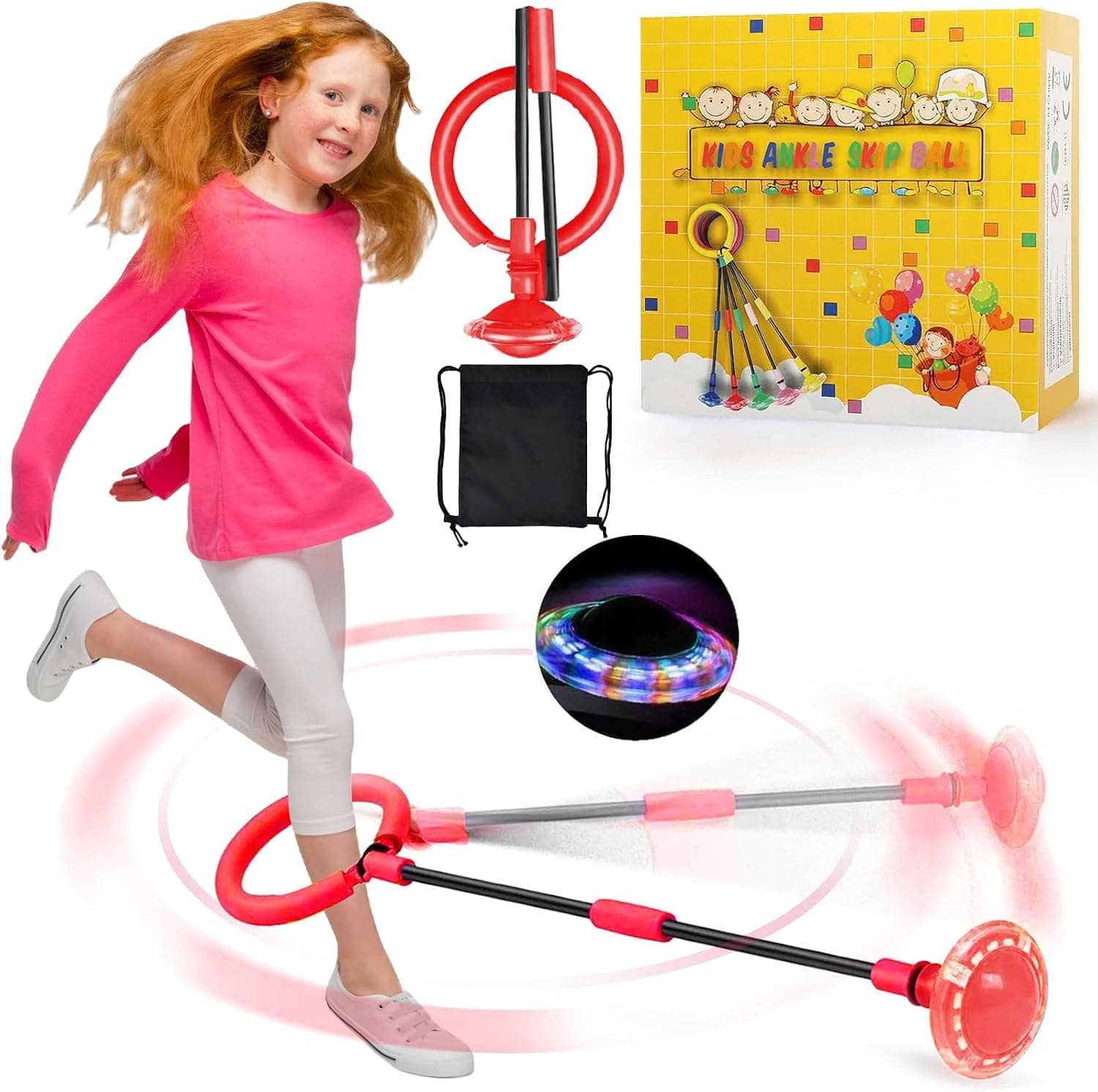 chimoo Bola de salto para niños con anillo al tobillo, para saltar y girar, plegable, bola de salto deportiva con rueda de luz, color lila intermitente, para niñas de 6, 7, 8, 9 y 10 años