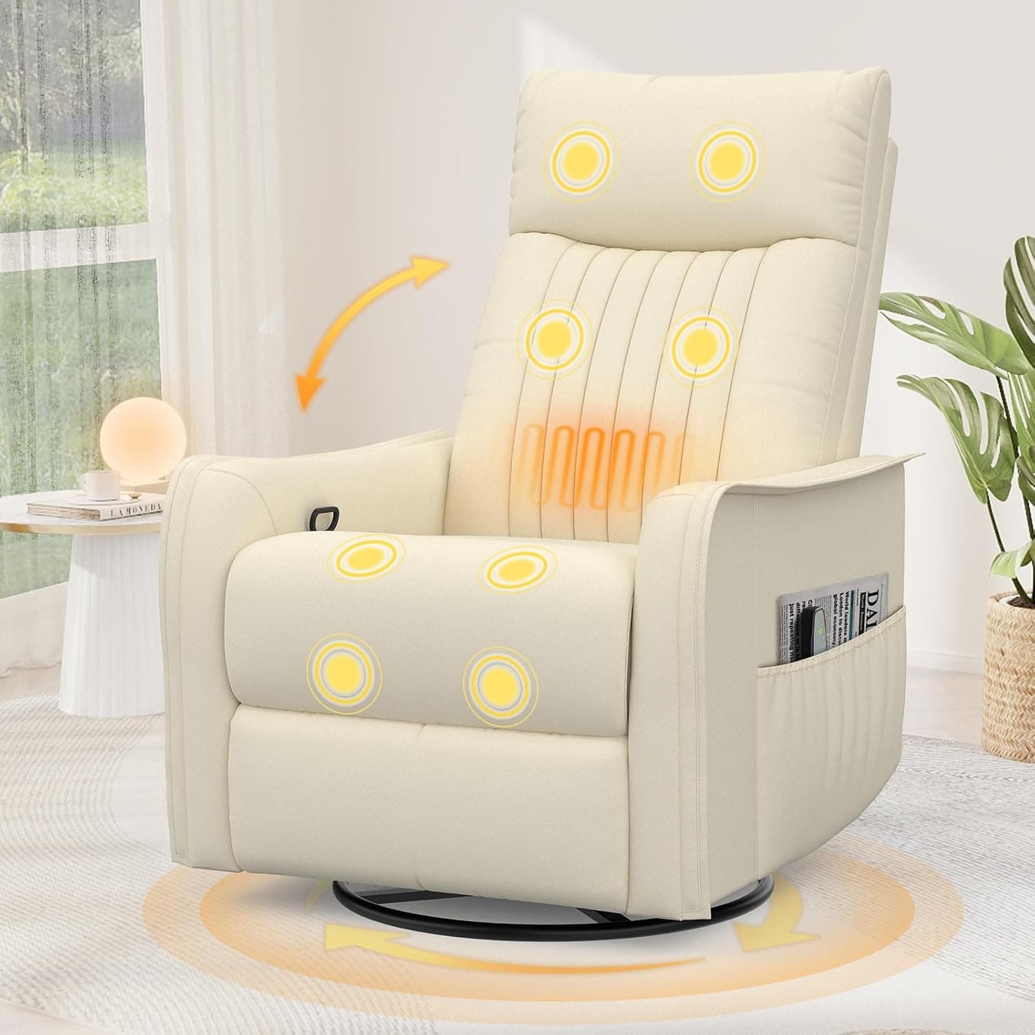 Sillón reclinable Mecedora giratoria con Masaje y Calor, reposapiés extendido,Sillón reclinable 3 en 1 para Sala de Estar, sofá Individual Ajustable con Bolsillos Laterales Doble (PU Begie)