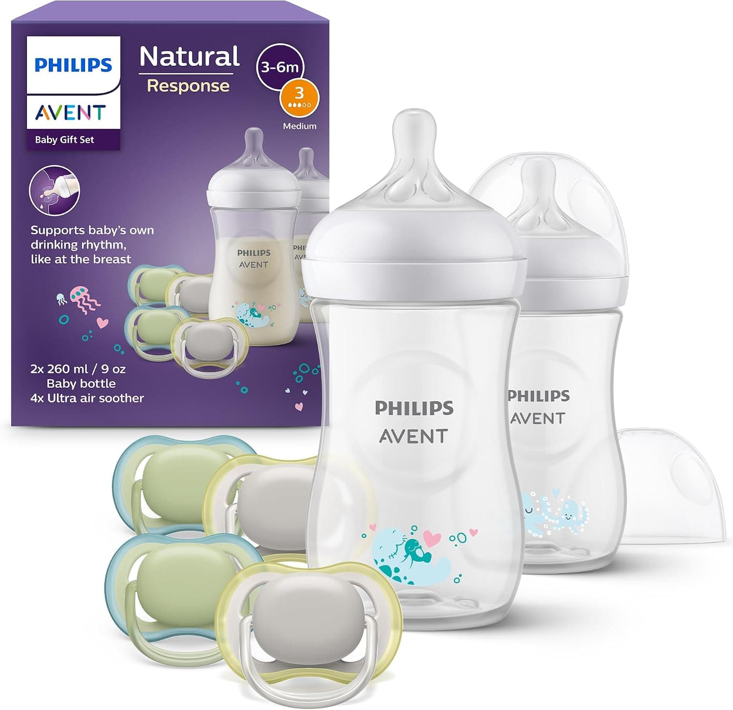 Philips Avent Natural Response - Set de regalo para bebés: 2 biberones Natural Response de 260 ml con tetinas T3 (para bebés de 1 mes o más) y 4 chupetes Ultra Air (modelo SCD837/13)