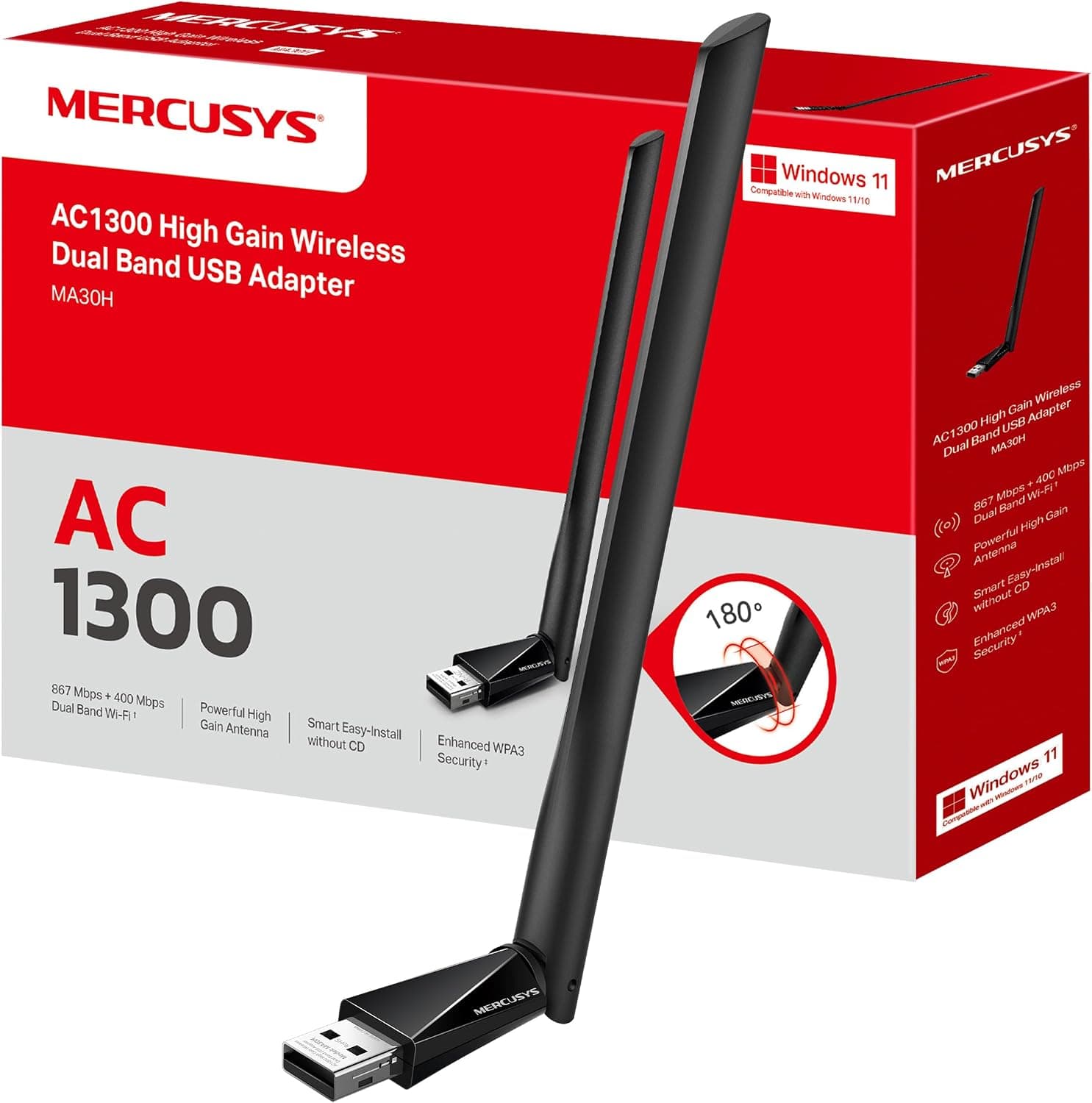 Mercusys MA30H - Adaptador WiFi USB, AC1300, 867 Mbps, con Antena, para PC