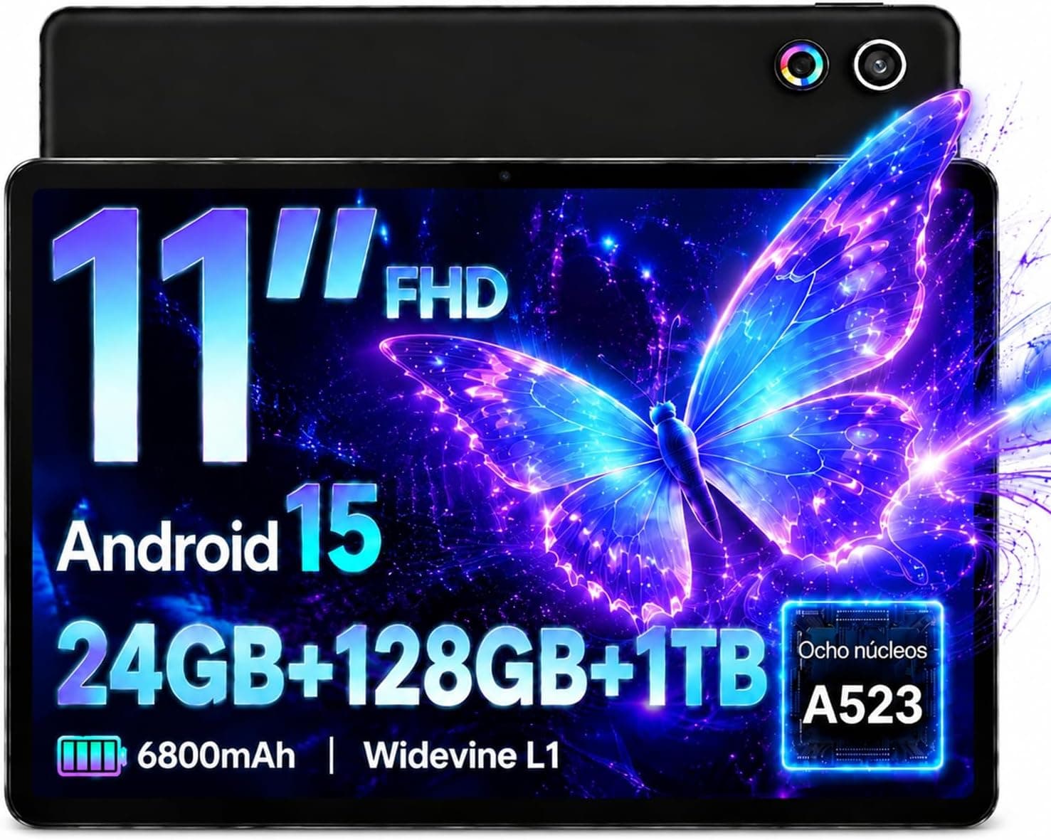 Tablet, Tablet Android de 11 Pulgadas, 24 GB RAM 128 GB ROM Ampliable hasta 1 TB, Octa-Core, Batería de Gran Capacidad de 6800 mAh, Cámara Dual, Desbloqueo Facial (Negro)