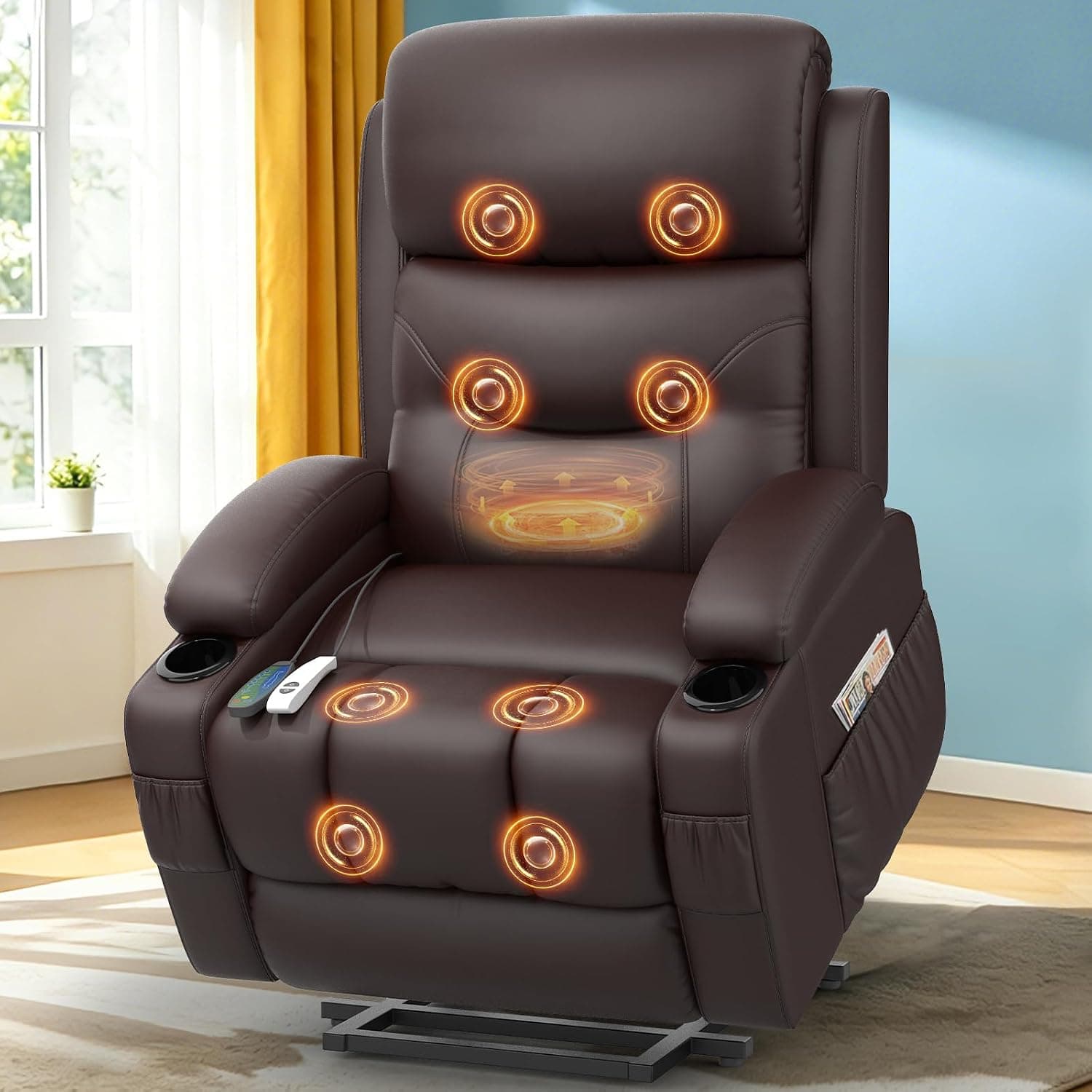 Sillón reclinable con función de masaje y calefacción, sillón elevable para ancianos con puertos Type-C y USB, 4 bolsillos laterales, 2 portabebidas, sillón reclinable Rise para salón