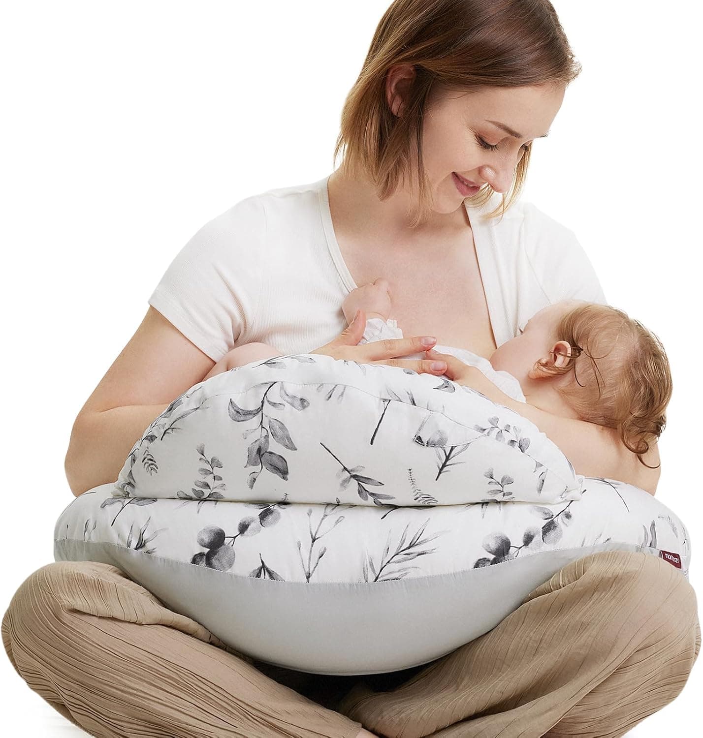 momcozy Cojín de Lactancia con Borde de Seguridad – Cojín Ergonómico para Amamantar y Colocar al Bebé con Cinturón Ajustable y Funda de Algodón Desmontable, Hojas en Tinta Suave