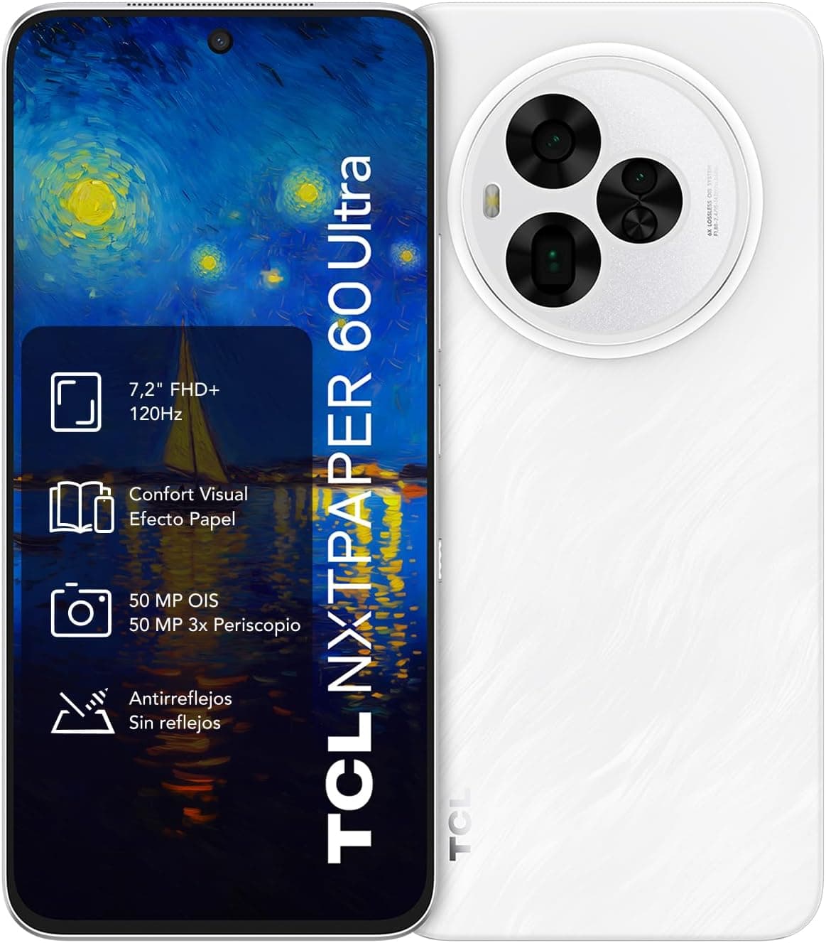 TCL NXTPAPER 60 Ultra 5G Smartphone - Blanco | Pantalla 7,2" FHD+ 120Hz NXTPAPER 4.0 | Protección Ocular | Modo Tinta | 12GB+256GB | Cámara Triple 50 MP OIS | Batería 5200 mAh(typ.) | T-Pen Compatible