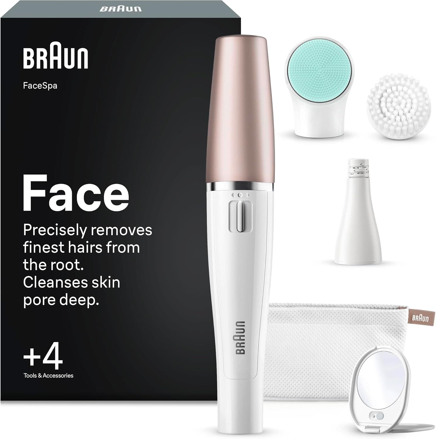 Braun Depiladora Facial Mujer FaceSpa con 4 Accesorios, 851V, Blanco/Bronce