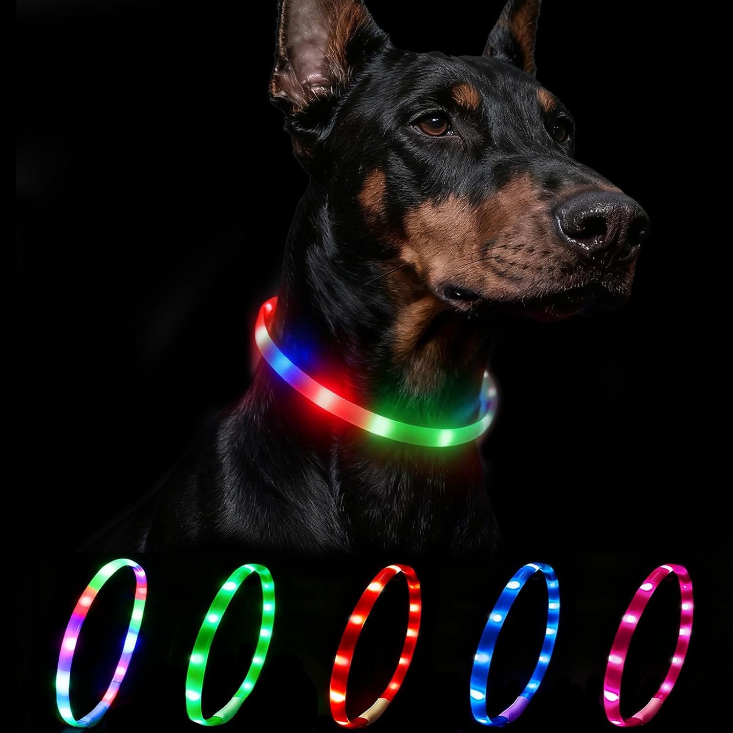 Nepfaivy Collar Luminoso Perro Recargable - 4 Modos Collar Luz Perro, Ajustable Collares LED para Perros Pequeños/Medianos/Grandes, 70cm, Arcoíris