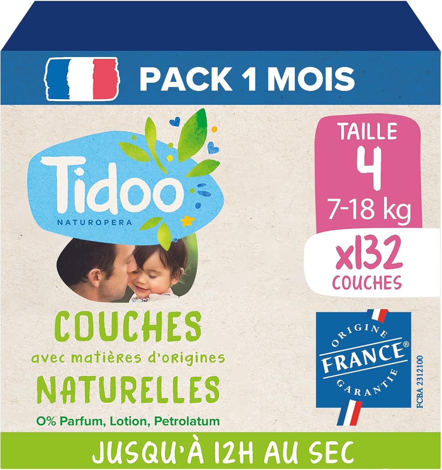 TIDOO – Pañales talla 4 (7-18 kg) – Origen natural, libre de sustancias nocivas – 12 horas secas, ultra absorbentes – Fabricado en Francia – 132 capas desechables – Paquete de 1 mes