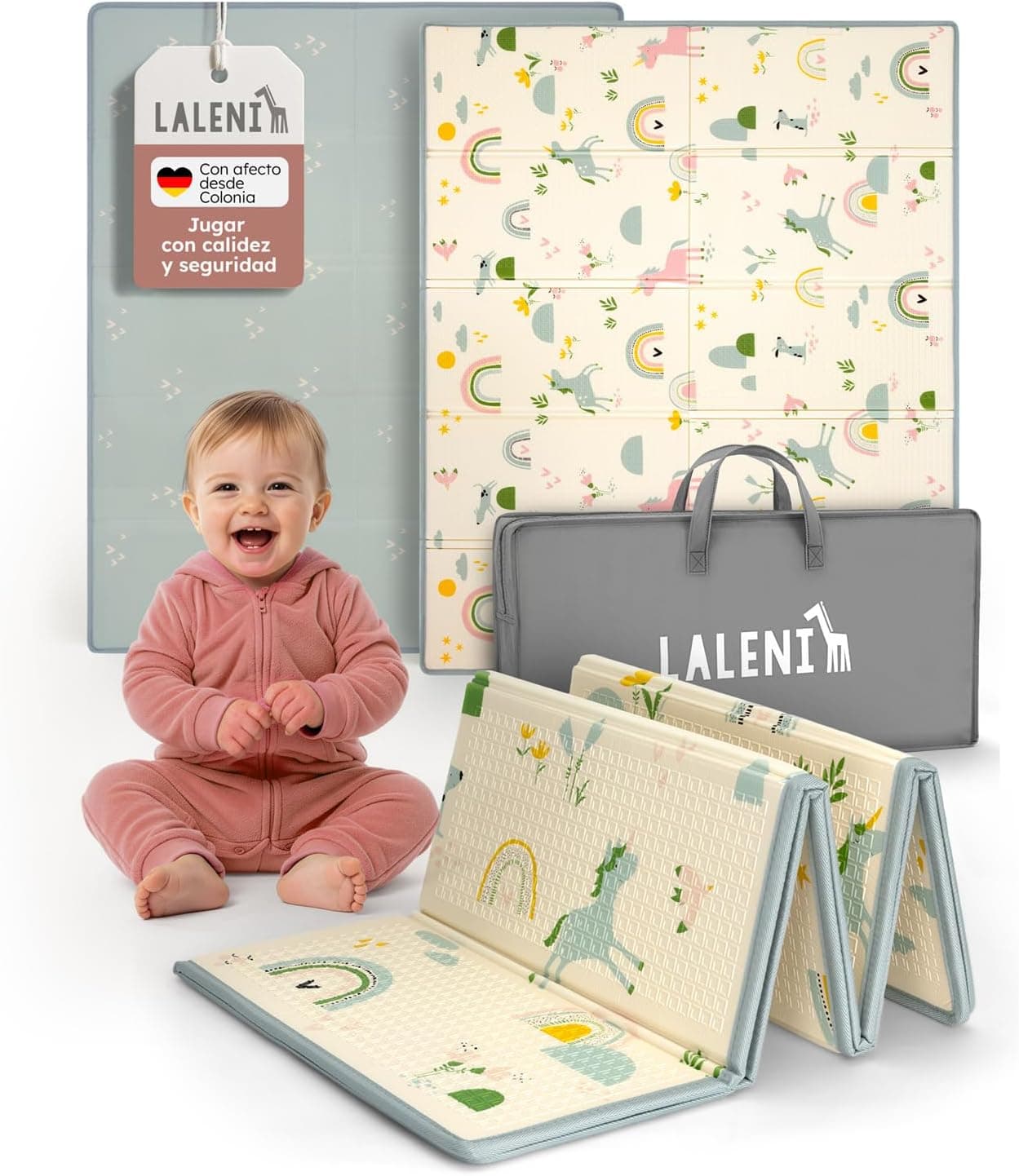 Laleni Tapete Actividades Bebe 150x180x1cm - Alfombra Bebe Acolchada Plegable Impermeable - Alfombra Juegos Bebe para Interiores y Exteriores - Colchoneta Bebe Suelo con Arcoiris