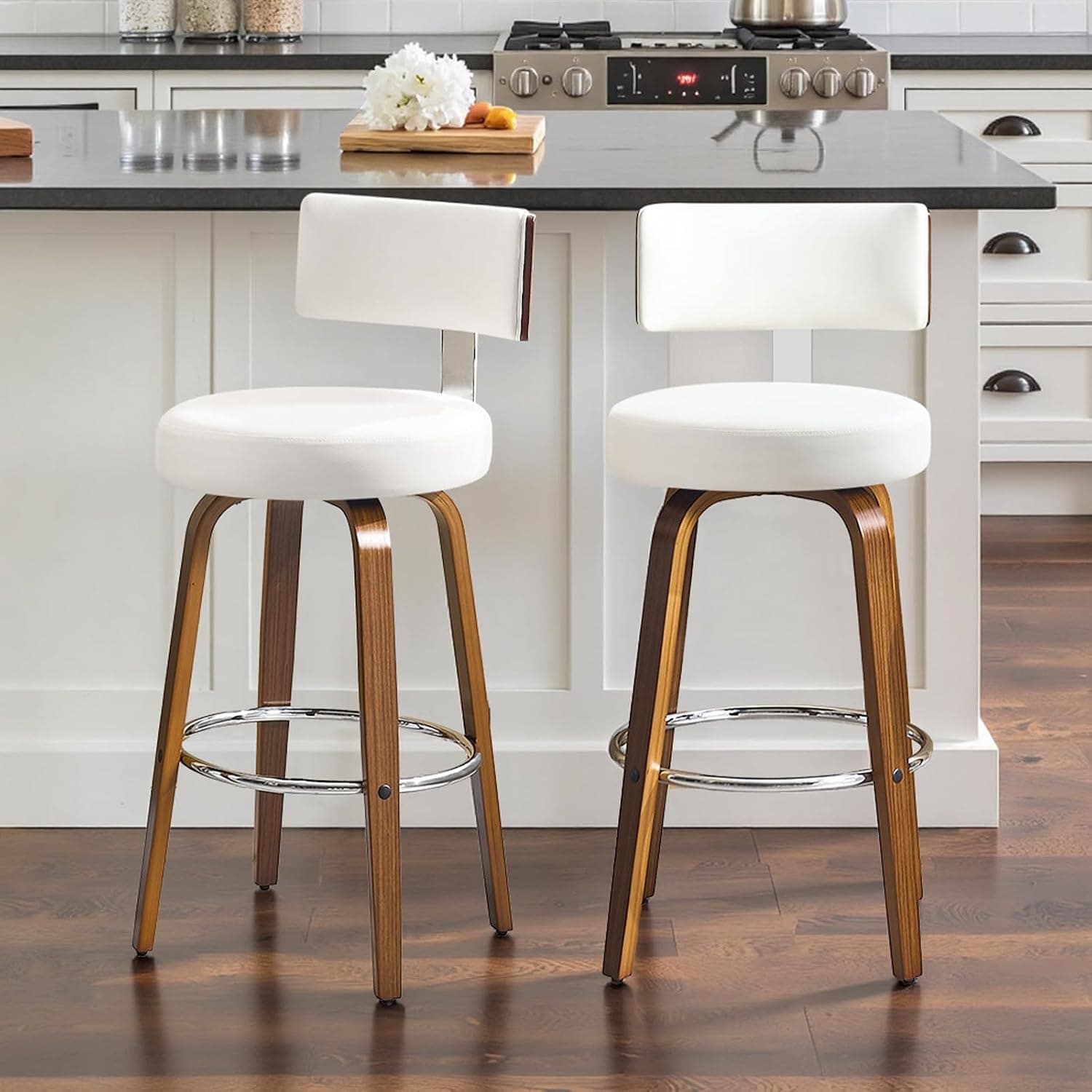 Bekrvio Juego de 2 taburetes de bar giratorios con patas de madera maciza, silla de bar con respaldo, 65 cm de altura de asiento giratoria, taburete de bar para exteriores, resistente a la intemperie