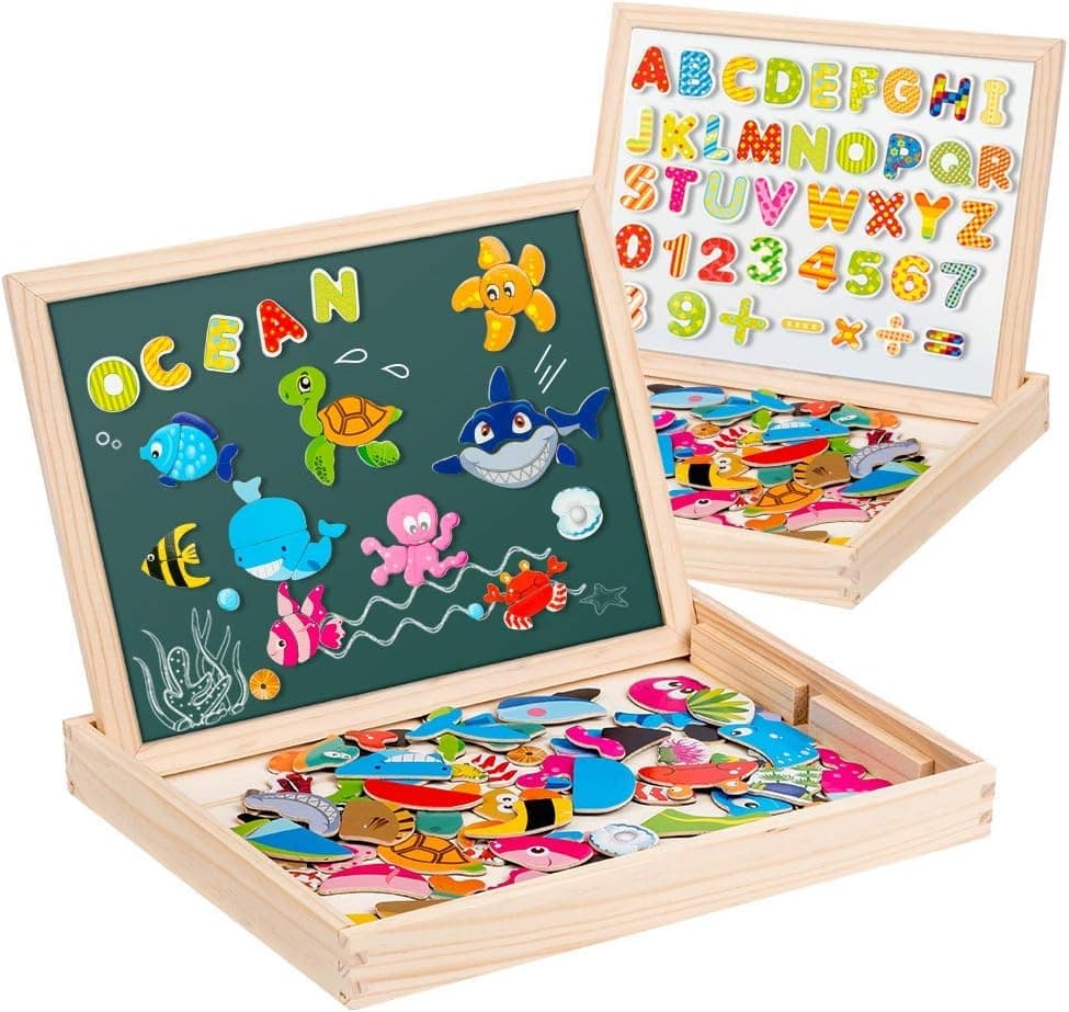 Uping Puzzle de Madera Magnético Puzzle de 90 Piezas Número de 40 Piezas y Alfabeto Tablero de Dibujo de Doble Cara Magnético Juguete Educativo para niños de 3 años+