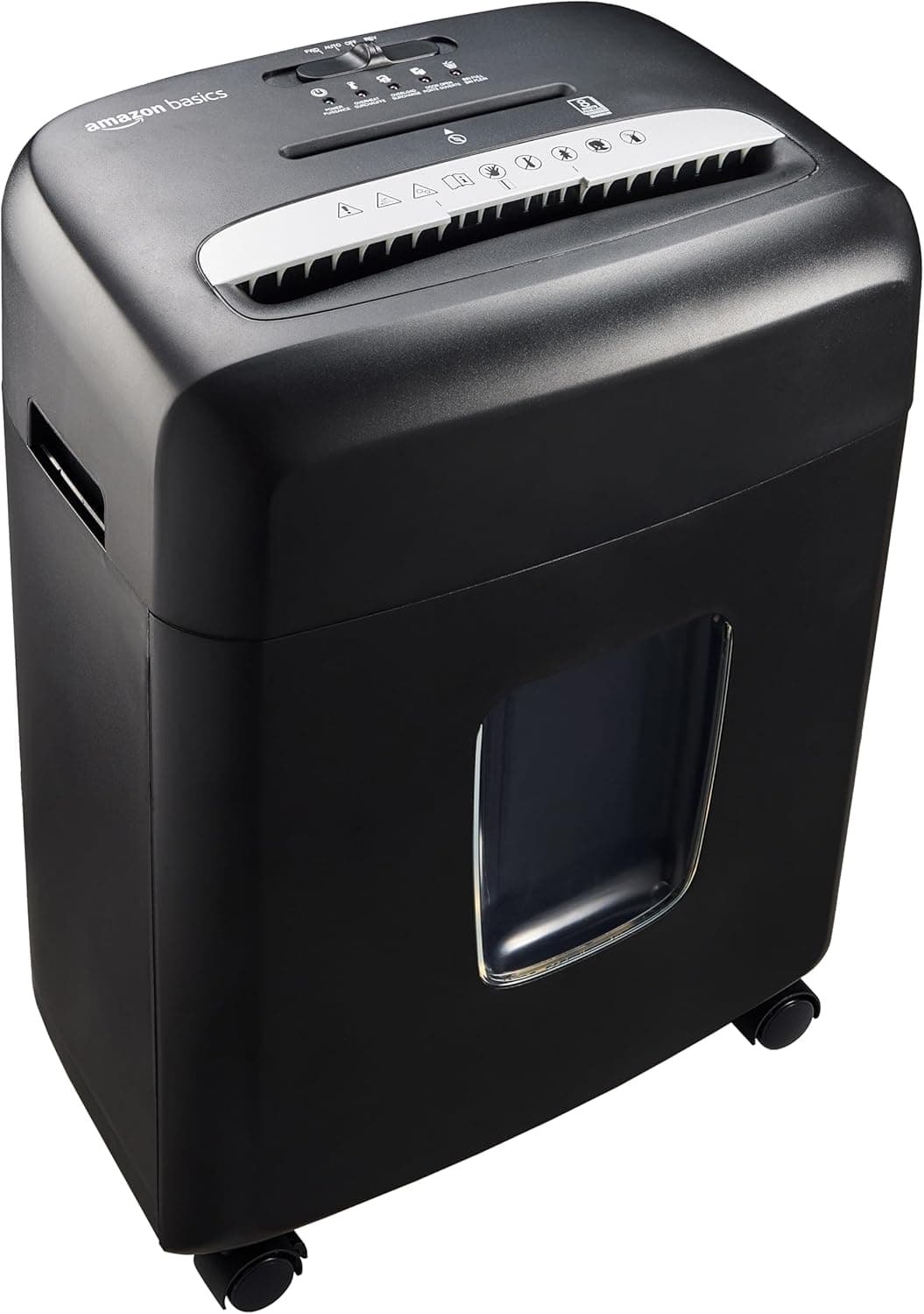 Amazon Basics Trituradora de Papel de Corte en Micropartículas, de 8 Hojas, con Ventana Transparente, para documentos, CD y Tarjetas de Crédito, Papelera de 15L, Color Negro
