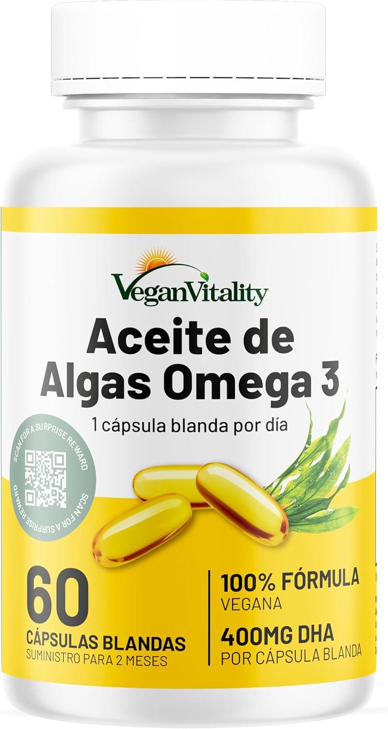 Omega 3 Vegano Aceite de algas de Vegan Vitality: 400mg de DHA por cápsula. 60 cápsulas, 2 meses de suministro. Vitaminas vegetarianas puras a base de plantas
