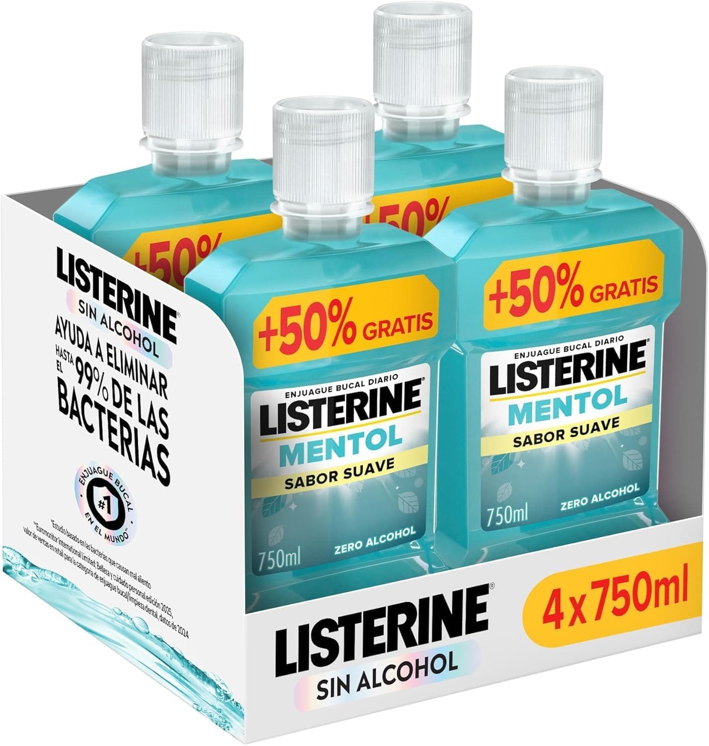 Listerine Mentol Sabor Suave Enjuague Bucal 0% Alcohol, 750 ml, 4 uds