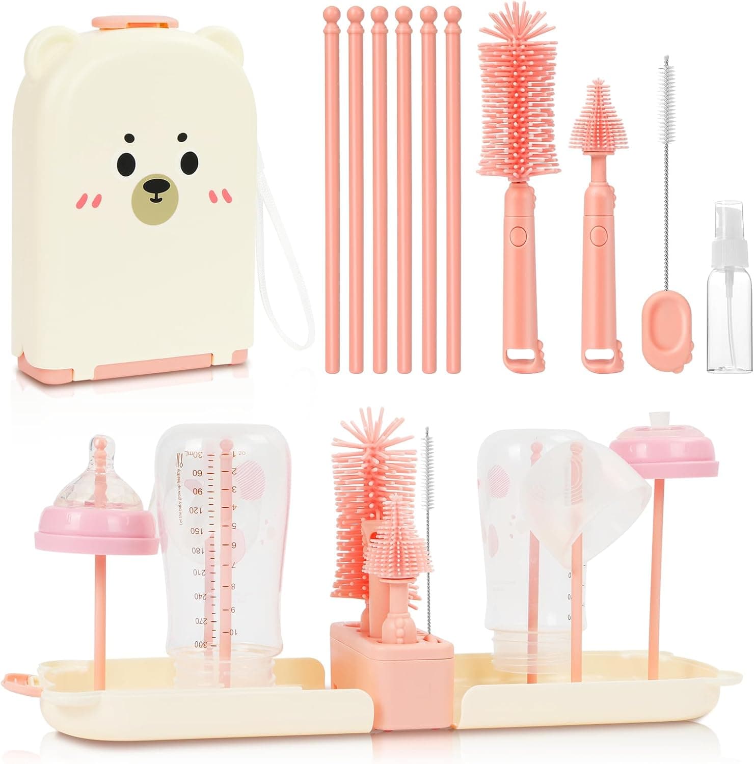 Vicloon Set de Cepillos para Biberones, 6 en 1 Kit de Cepillo Limpia Biberones Viaje con Cepillo para Biberones, Pezones & Pajitas, Dispensador de Jabón, Caja de Almacenamiento, Soporte para Secado