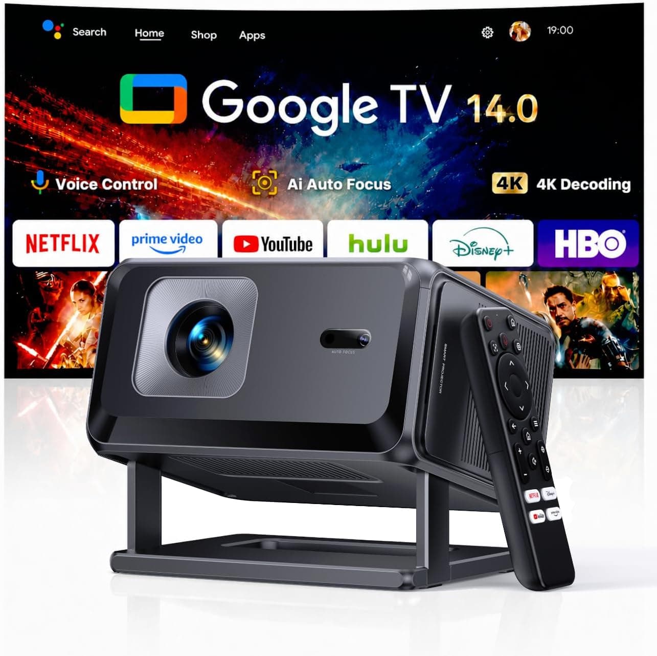 Proyector 4K [Google TV 14.0 y Dolby Audio] Proyector portátil 1080P FHD, Enfoque automático y corrección Trapezoidal, WiFi 6 BT 5.4, Projector con Soporte Giratorio para Cine en casa/Exteriores