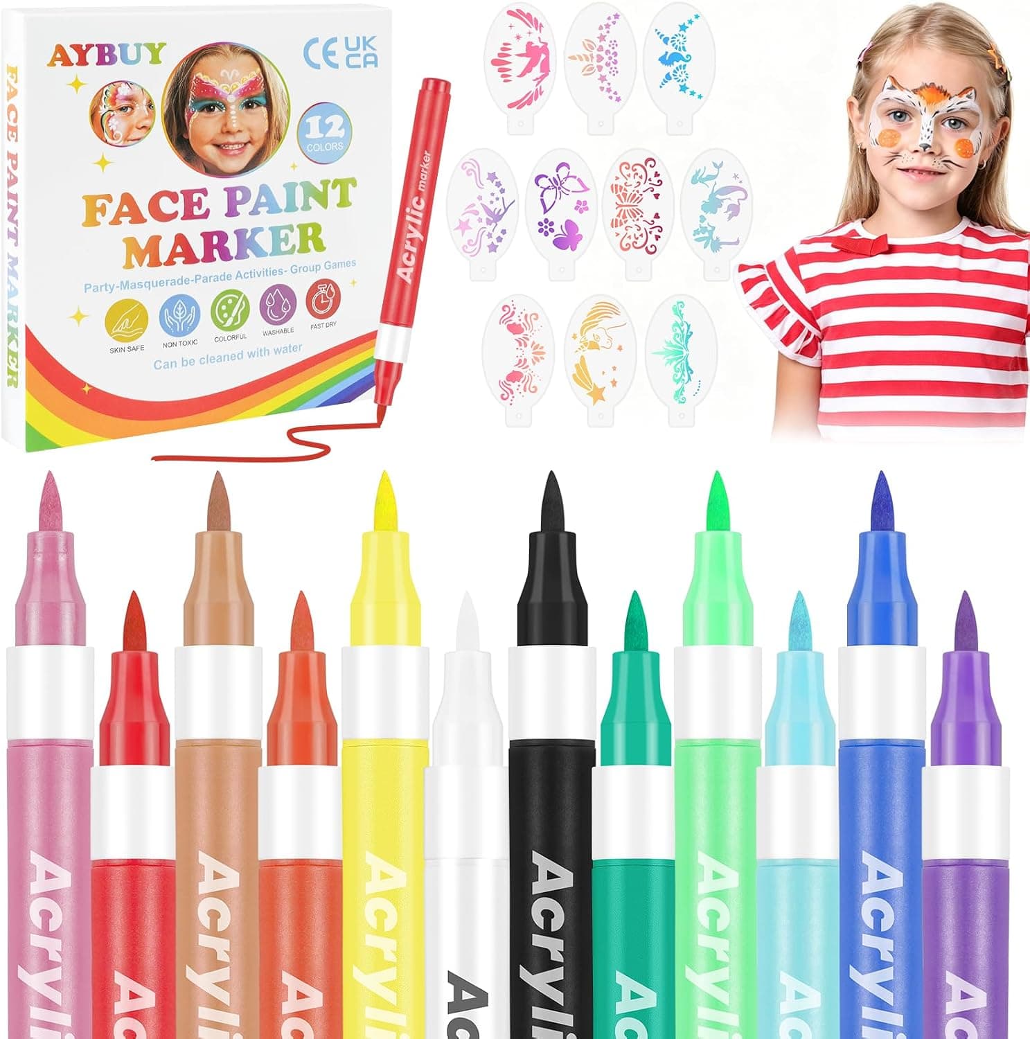 Pinturas Cara para Niños 12 Pintura Corporal Facial con 10 Plantillas