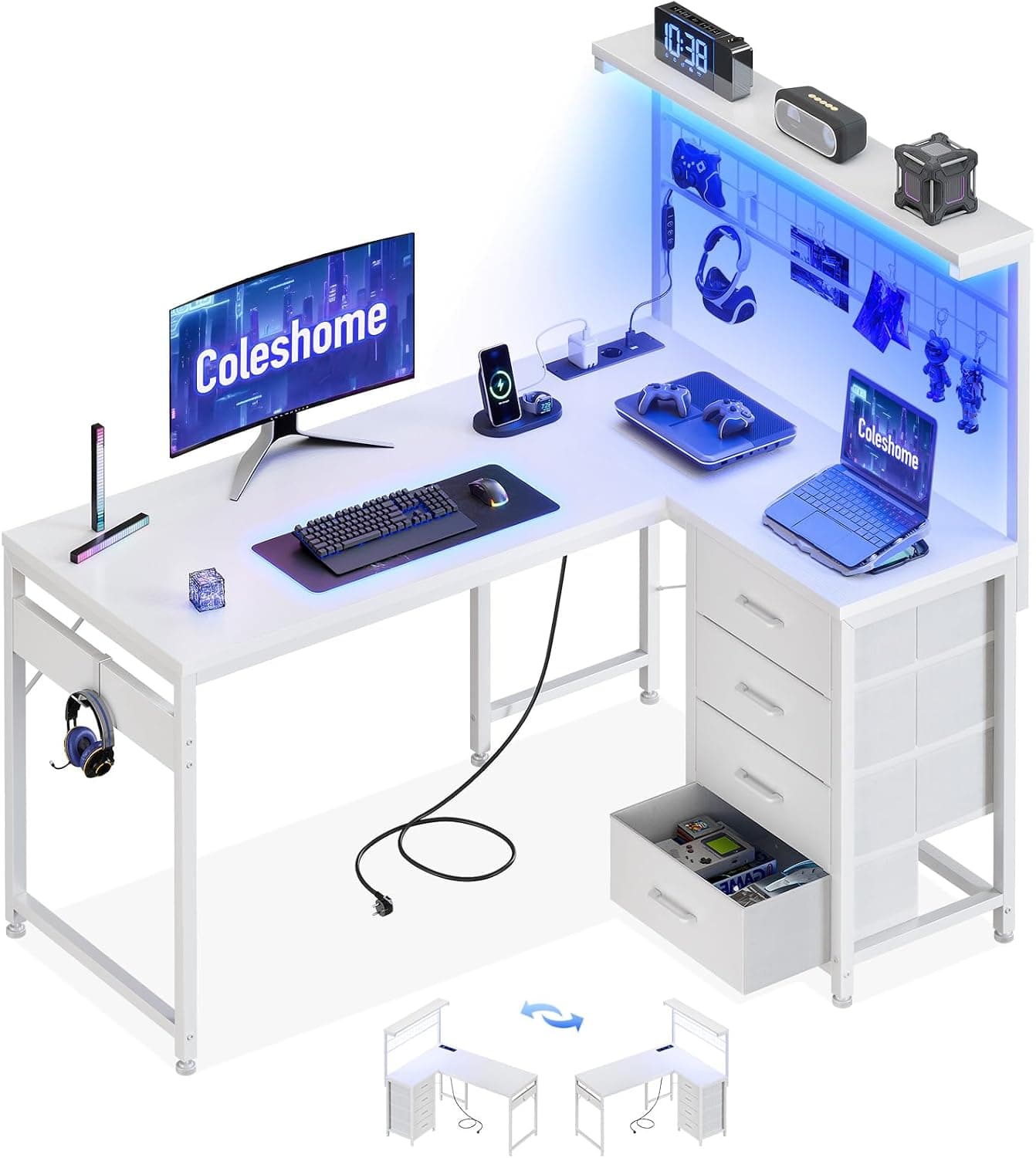 Coleshome Escritorio Gaming con LED, 110x80cm, Blanco