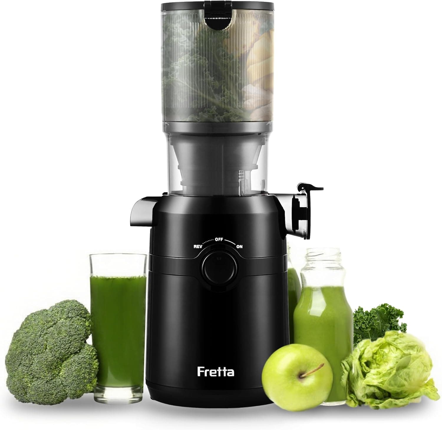 Fretta Extractor de Zumos y Verduras, Apertura de 108MM y Capacidad de 1L, Licuadora Prensado en Frio para Verduras Frutas Enteras, 200W Slow Juicer Machine, Fácil Montaje y Limpieza, Sin BPA (Negro)
