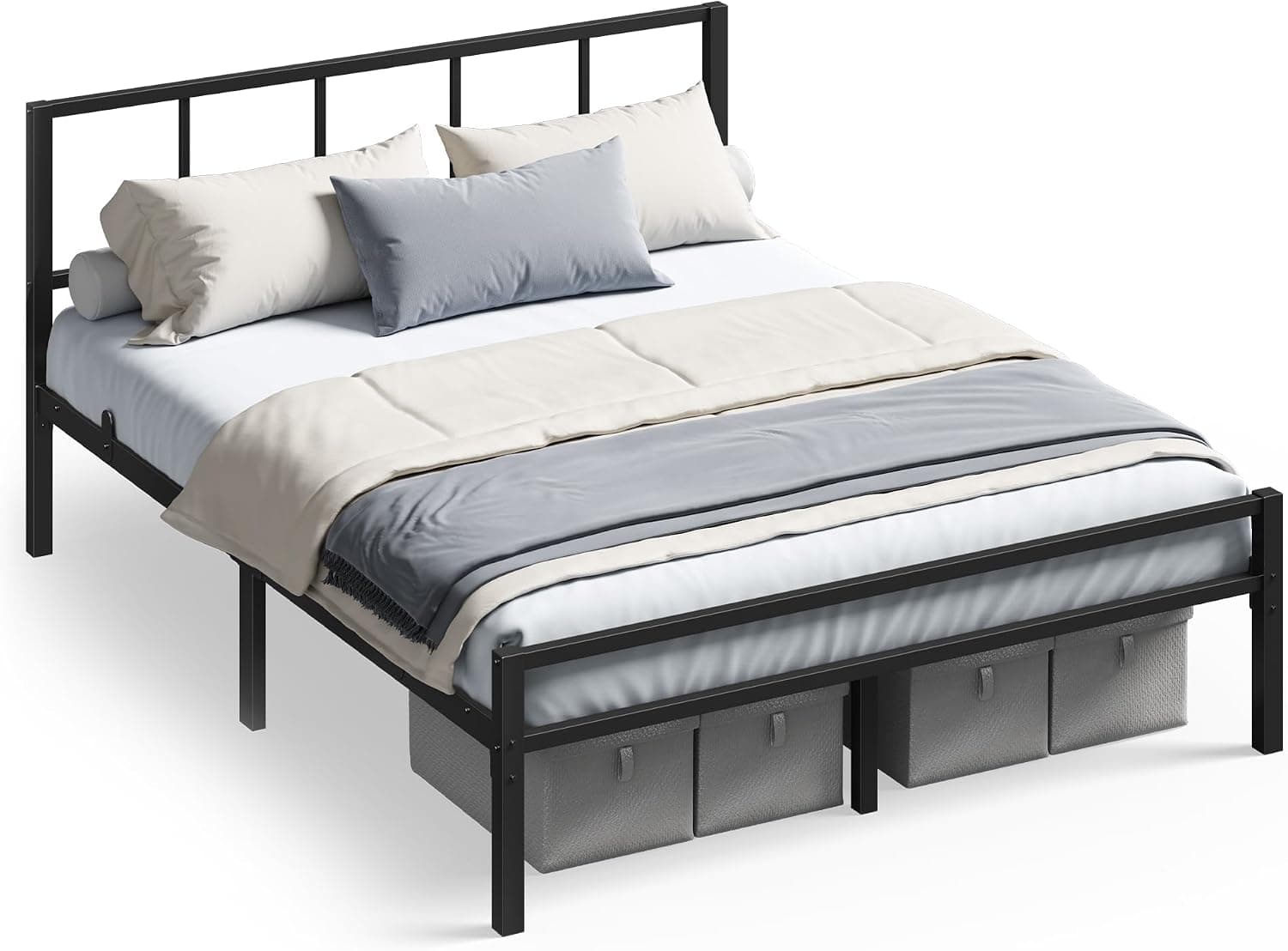 VASAGLE Cama Doble, Marco de Metal, Cabecero, Negro Mate, 135 x 190 cm