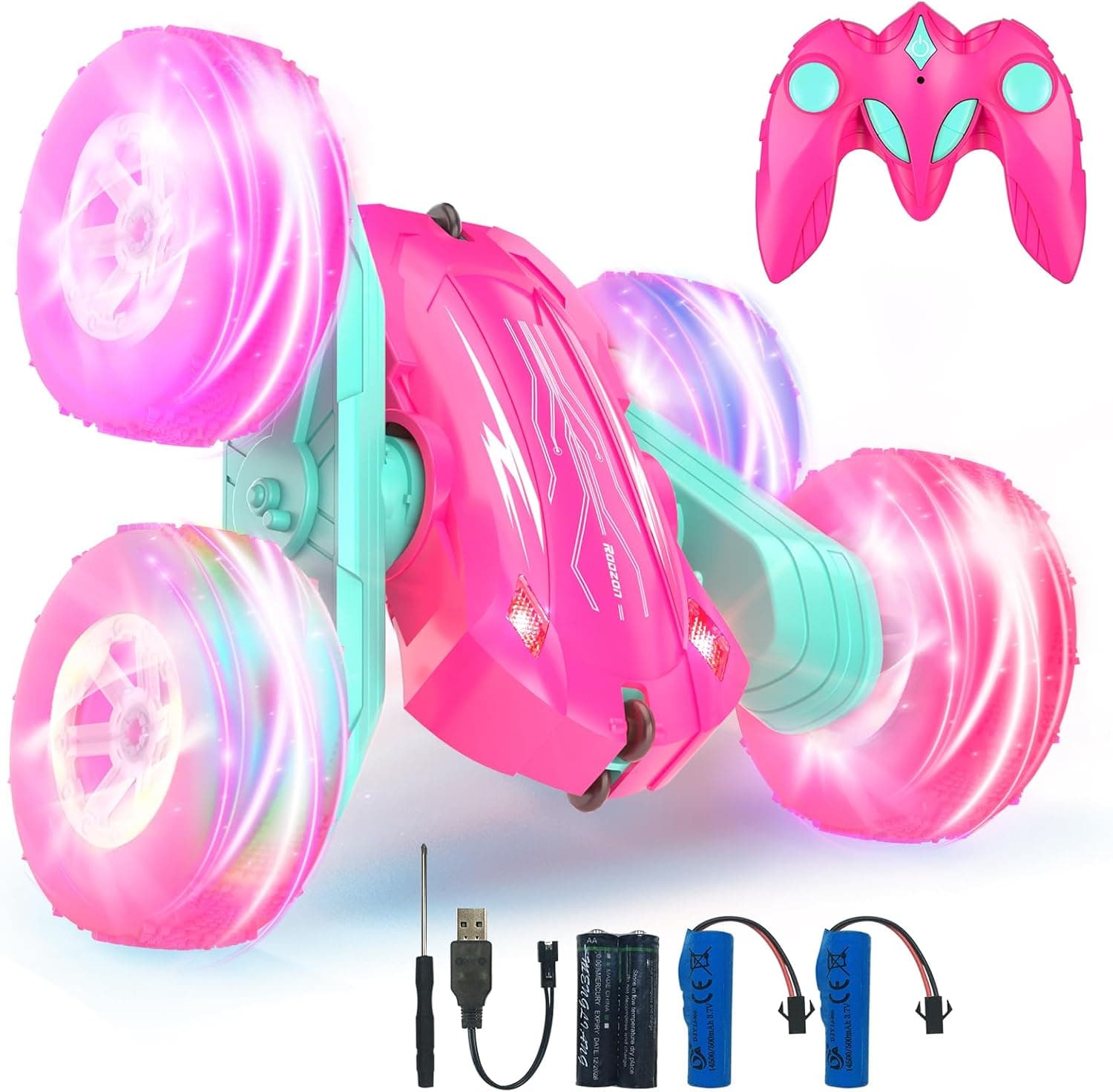 Rodzon Coche Teledirigido,Coche AcrobáTico Camiones 360 Grados De RotacióN,Juguete Niño Regalo 6 7 8 9 12 Años Niña 2.4Ghz Niños Coche Teledirigido con Luces Incluye Batería Recargable(Rosa)