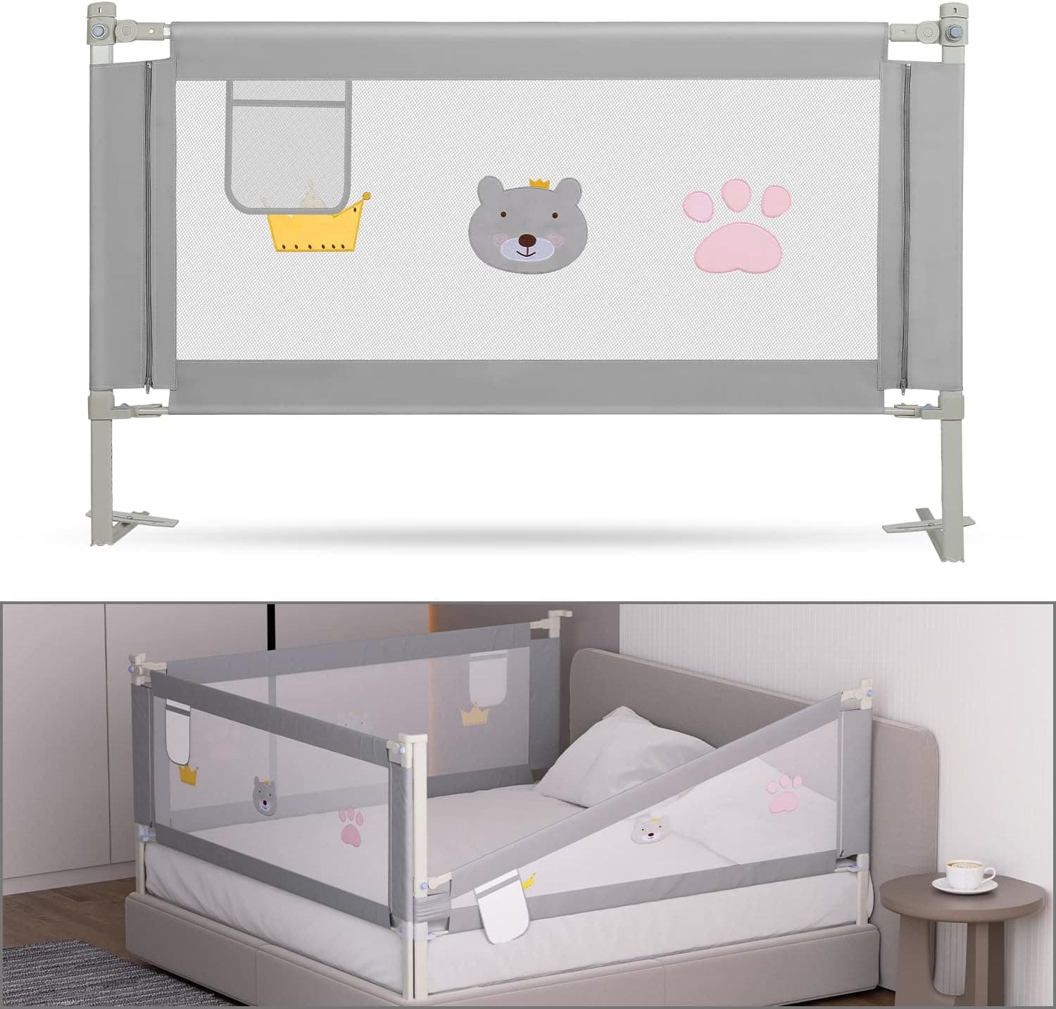 150CM Barrera Seguridad Niños Cama, Altura Regulable 70-98cm, Barrera Cama niños con protección contra caídas, Barandilla Cama niño Plegable, Fácil de Montar, Acabado Gris Bordado