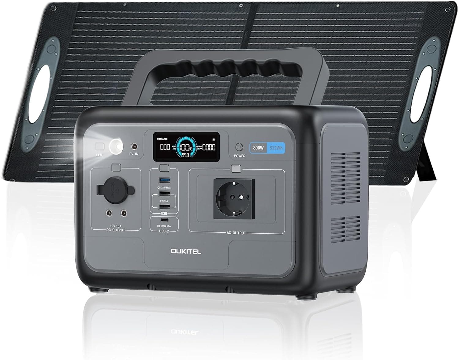 OUKITEL P800 Estación de Energía Portátil 800 W con 100 W Panel Solar, Generador Solar con Batería Lifepo4 512 Wh, Generador con Salidas USB A Y C, Potencia Máxima de 1600 W, Ideal Para Acampadas