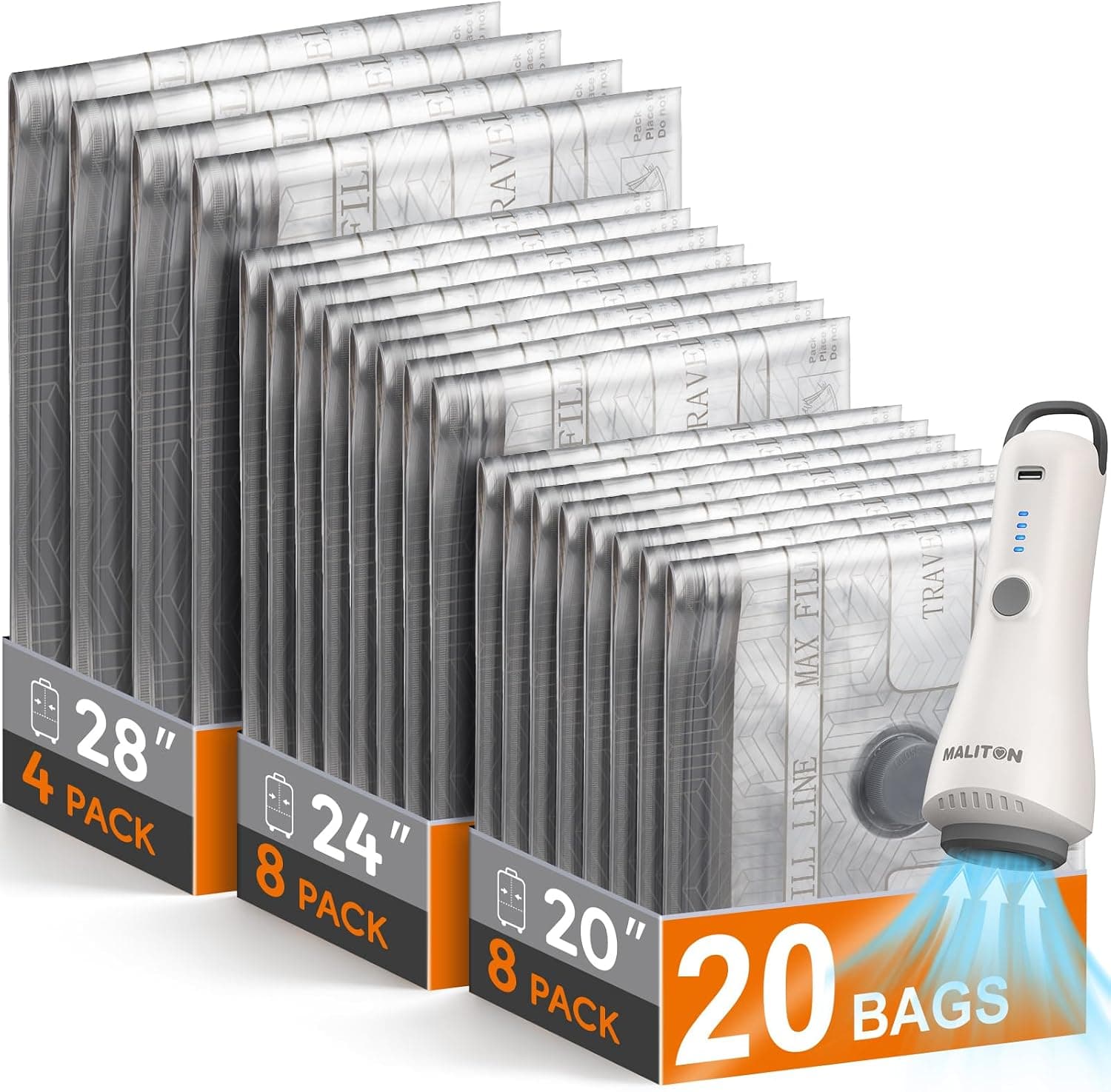 20 Bolsas Vacio Ropa con Bomba de Vacío Eléctrica Inalámbrica