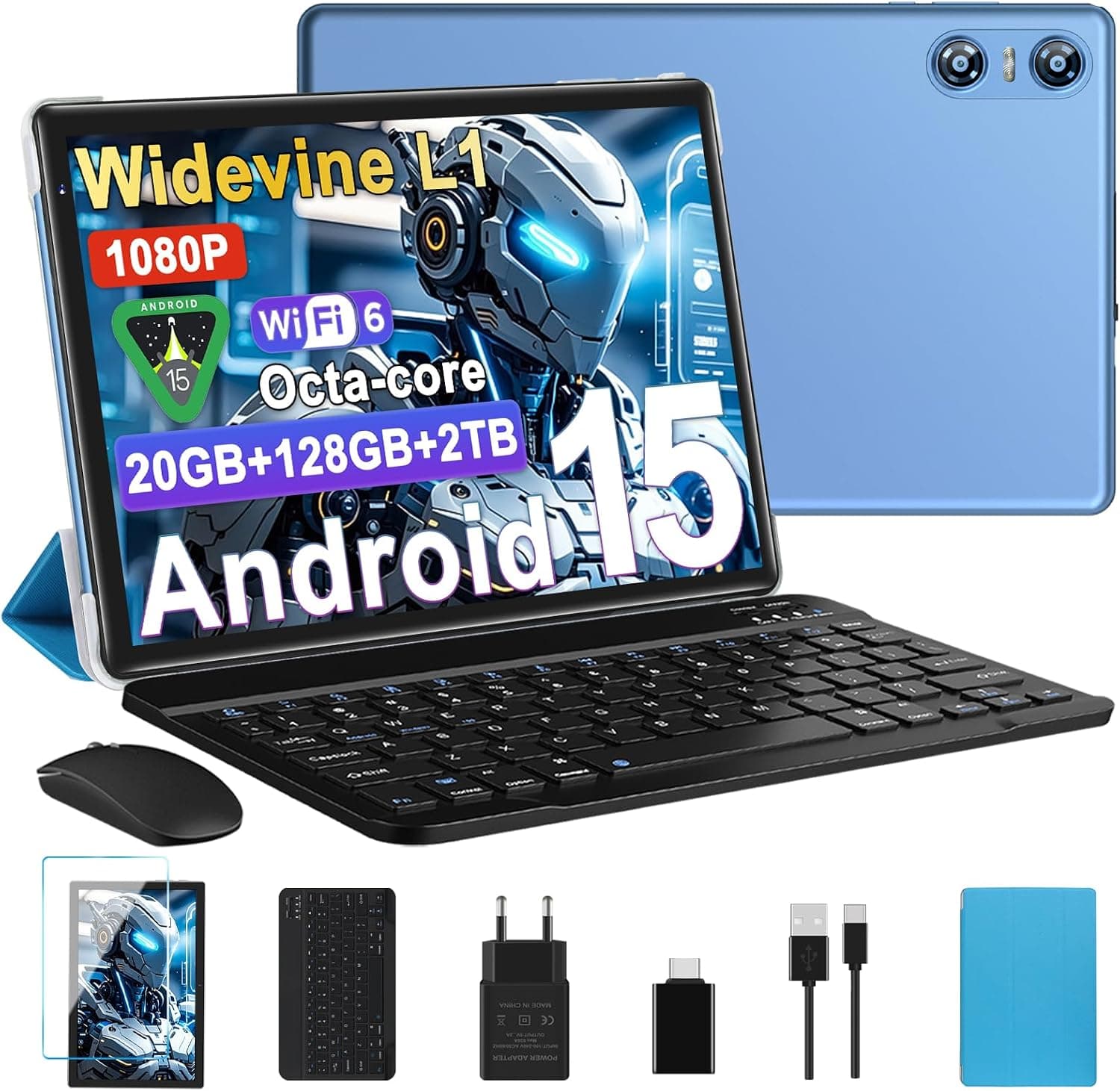 Tablet Android 15 Tablet 10 Pulgadas, 20GB RAM + 128GB ROM (TF 2TB), Octa-Core, Widevine L1, GMS, 5G+2.4G WiFi 6, 5 + 8 MP, 1280 * 800 Pixels, 6000mAh, Bluetooth 5.0, Tablet con Teclado y Raton Azul