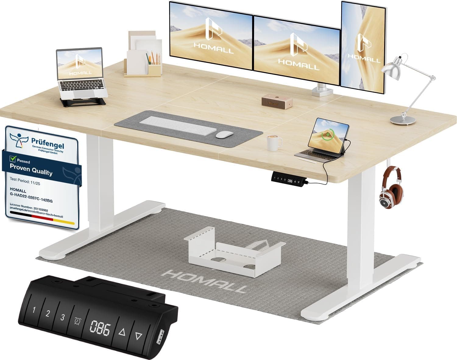 Homall Escritorio eléctrico de pie de 140 x 80 cm con gancho de carga USB, escritorio ajustable en altura con 3 paneles inteligentes de memoria, soporte para escritorios de oficina en casa con tablero