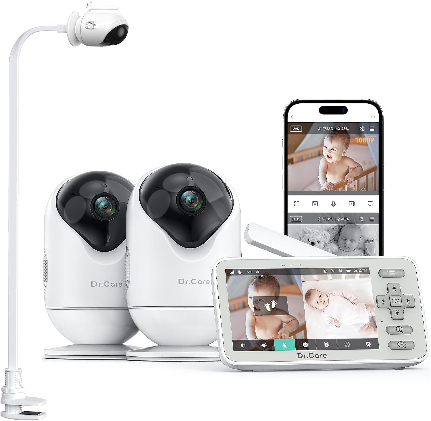 Dr.Care Camara Vigilancia Bebe WiFi 1080p, 2 cámaras, 4", 1 Pinza & 3000mAh
