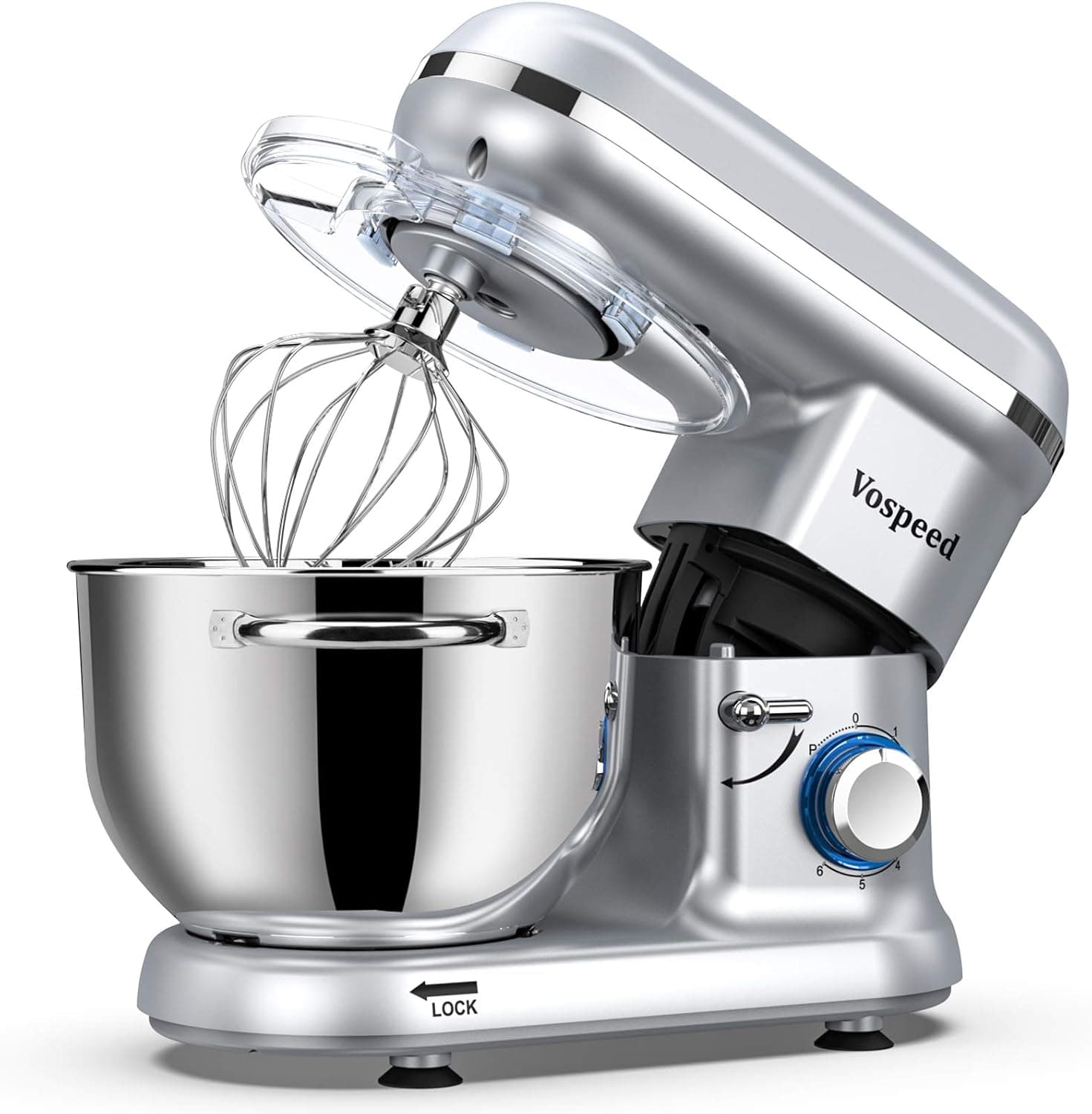 Batidora Amasadora Vospeed 1500W, Amasadora de Pan Para Repostería 6.2 L, Bol de Acero Inoxidable, Varillas Batidoras, Varillas Amasadoras (plata)