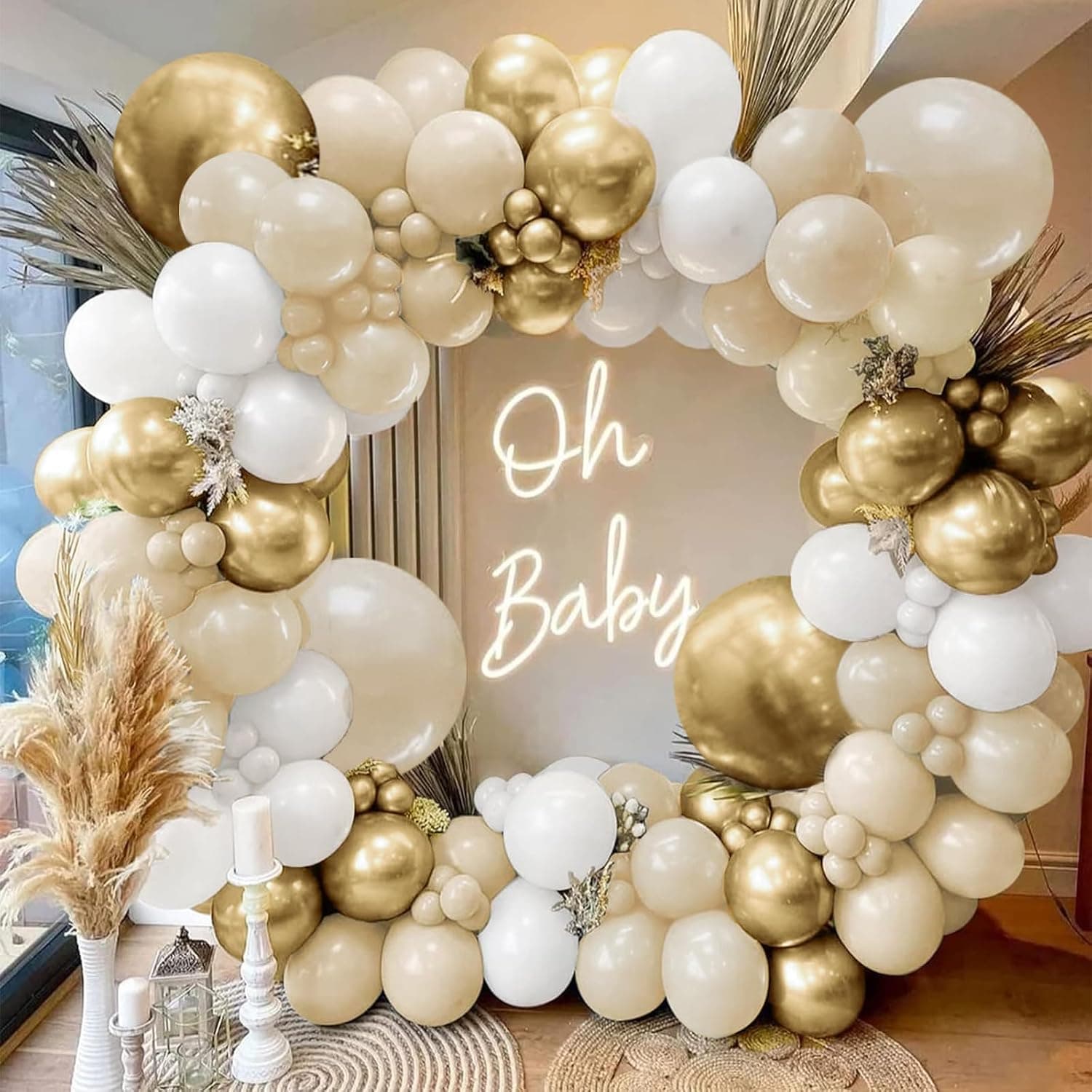 Kit de Arco de Globos en Blanco y Dorado; Globos en Beige, Dorado y Blanco