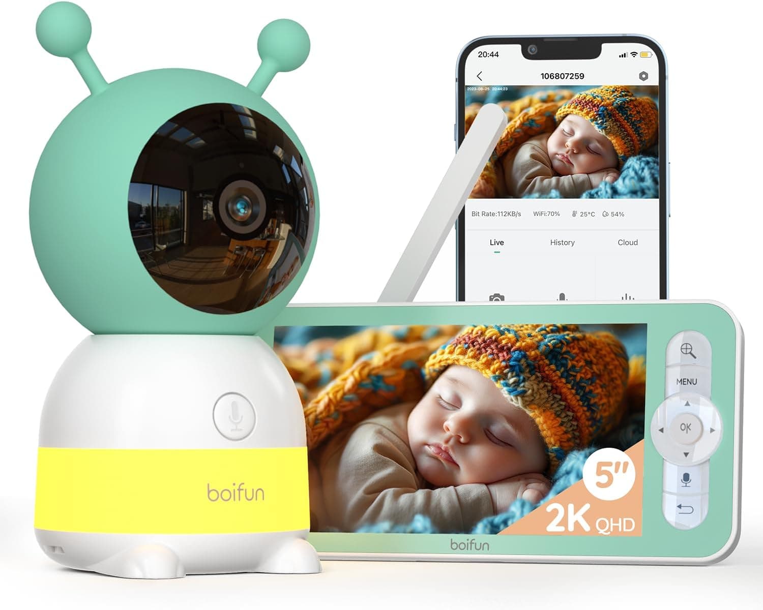 BOIFUN 2K Camara Vigilancia Bebe, Visión Nocturna, Luz Nocturna Infantil